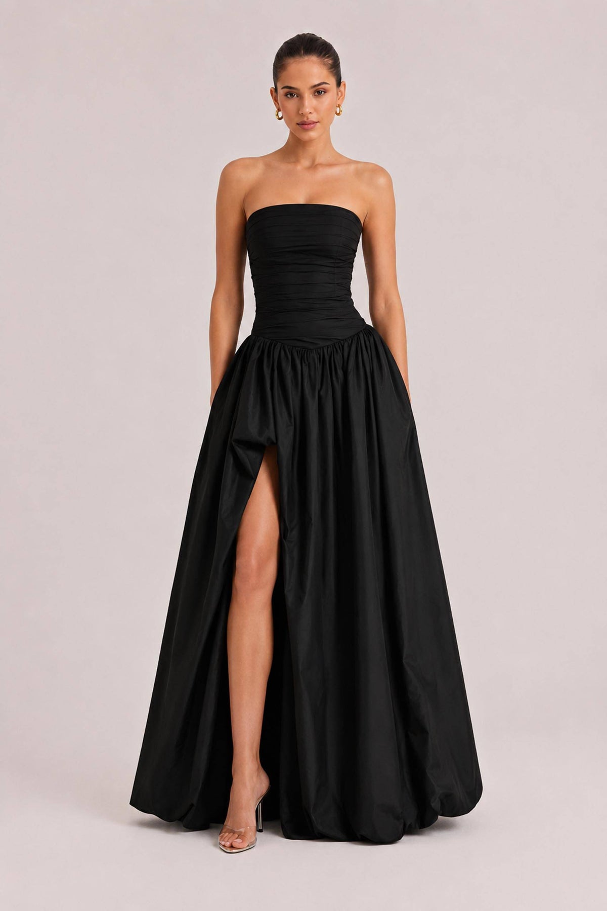 Elegant Strapless Ruched High-Slit Ball Gown Maxi Dress
