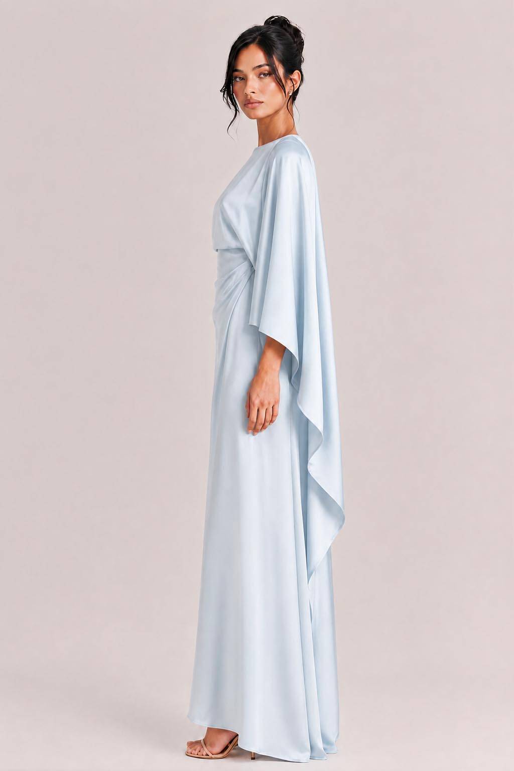 Elegant Satin Pleated Batwing Sleeve Maxi Dress