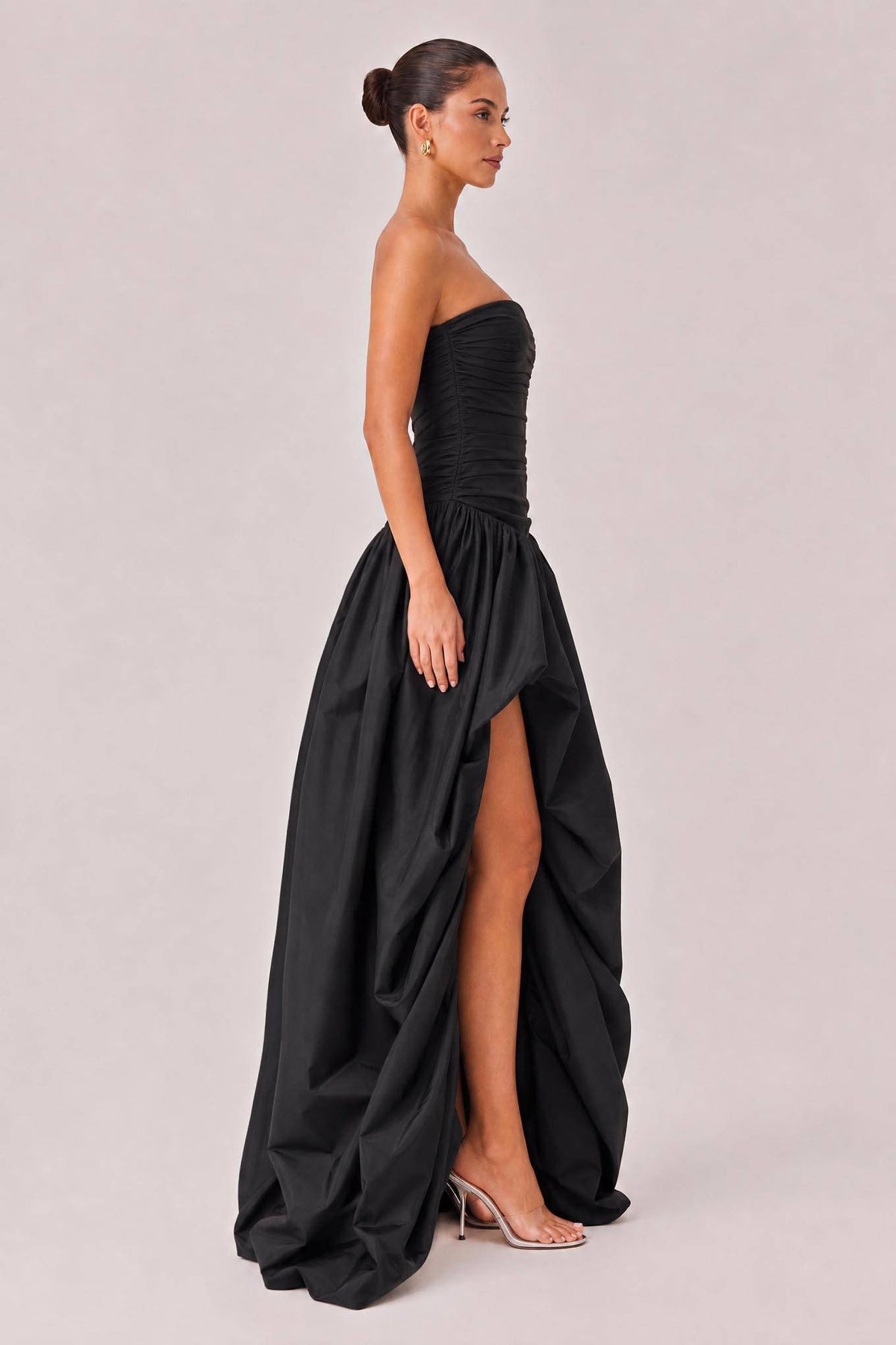 Elegant Strapless Ruched High-Slit Ball Gown Maxi Dress