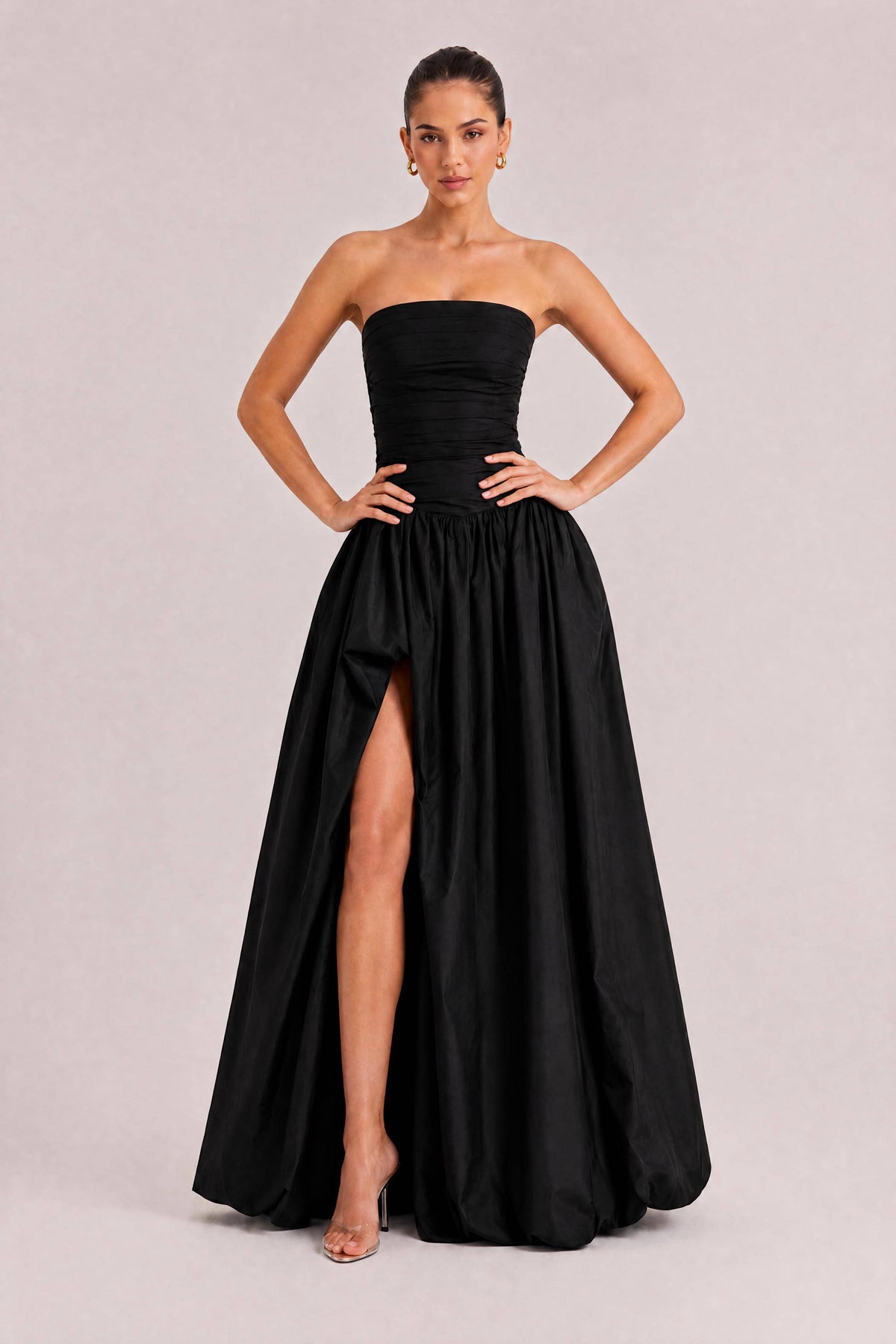 Elegant Strapless Ruched High-Slit Ball Gown Maxi Dress