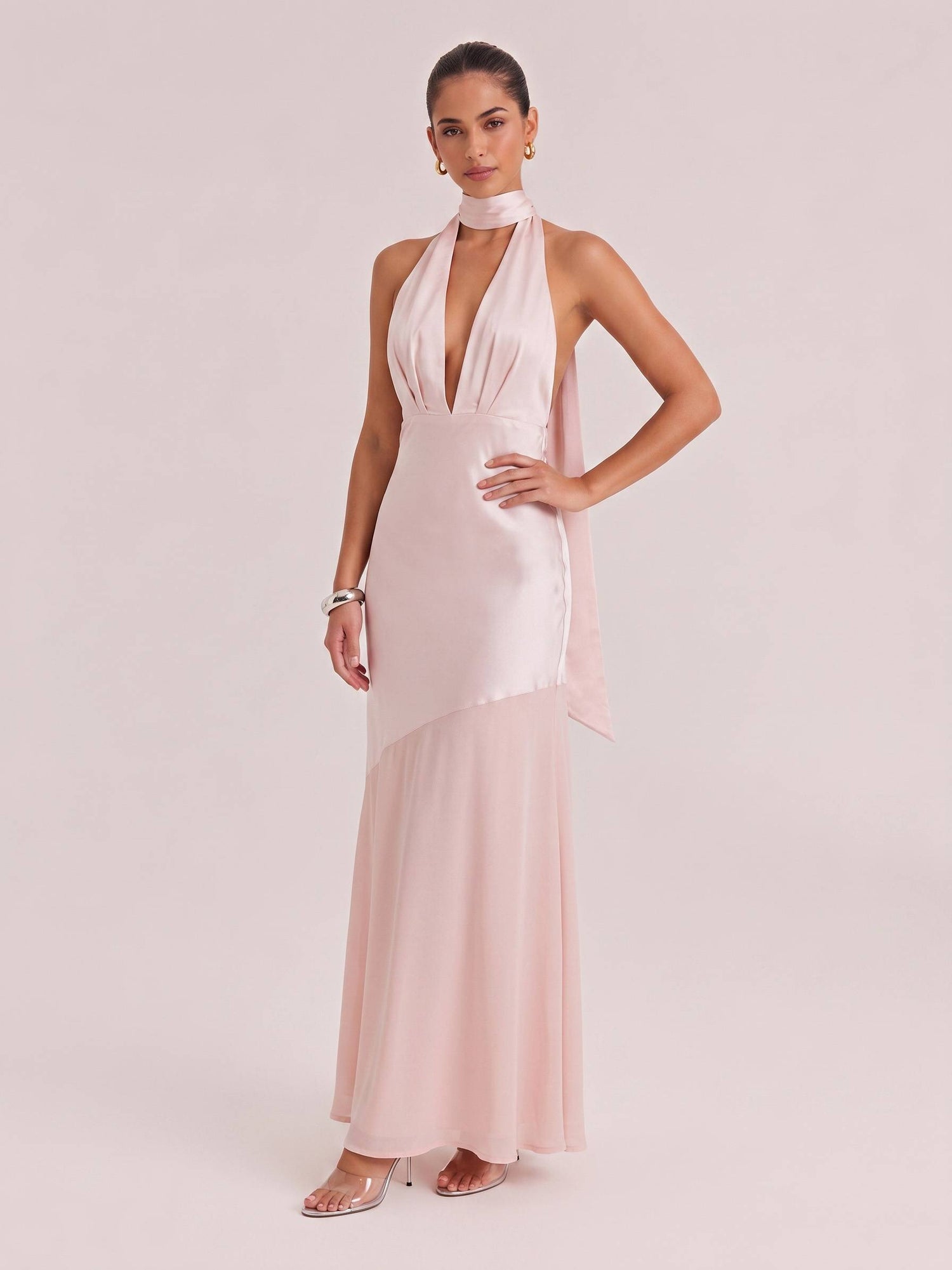 Olive Satin Halter Neck Deep V-Neck Mermaid Evening Gown - Sexy Backless Formal Dress For Party, Wedding & Gala