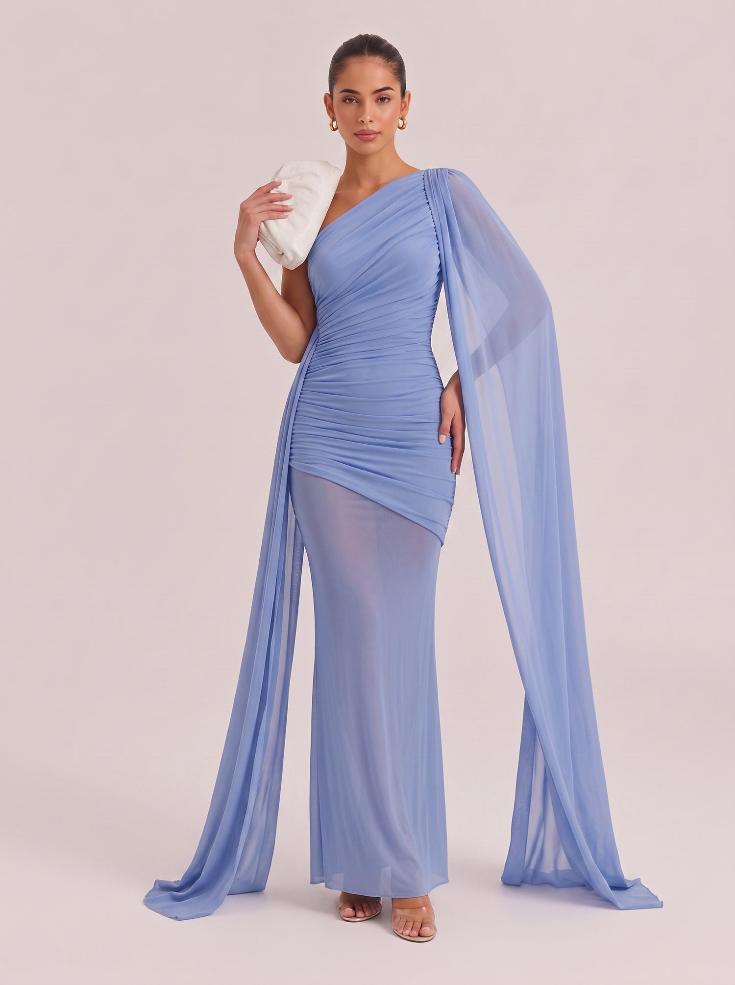 Slim-fit Long Shoulder Full-body Pleated Strap See-through Mesh Dress