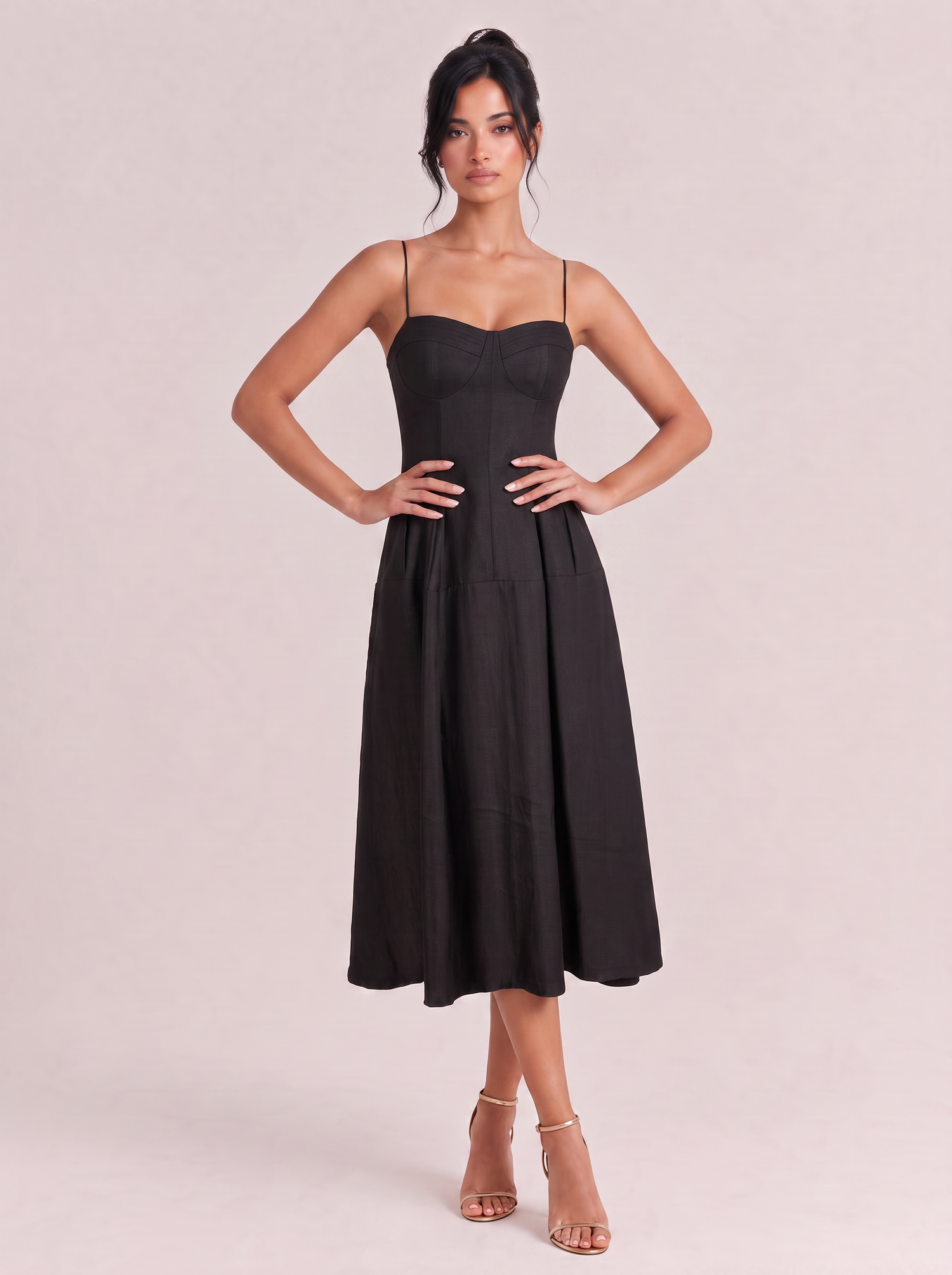Elegant Black Spaghetti Strap A-Line Midi Dress With Structured Bodice & Flowing Skirt
