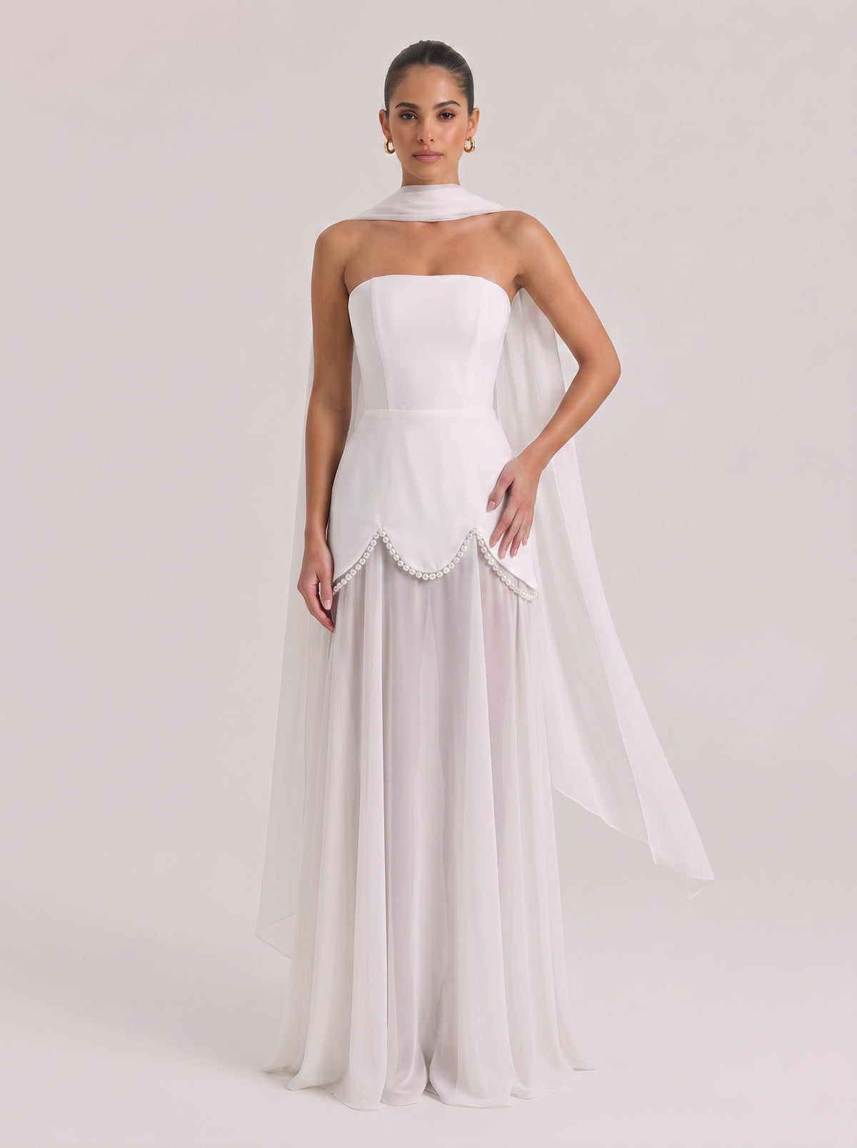 Strapless Shoulder Satin Pearl Stitching Chiffon Long Light Wedding Dress