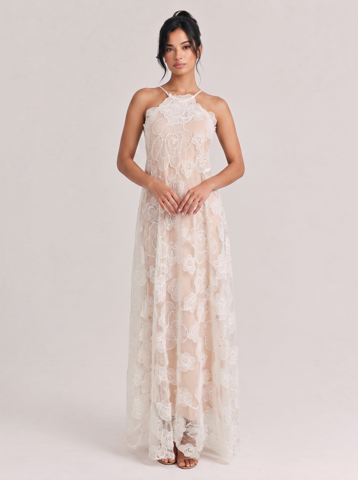 Hanging Neck Three-Dimensional Flower Lace Elegant Long Dress