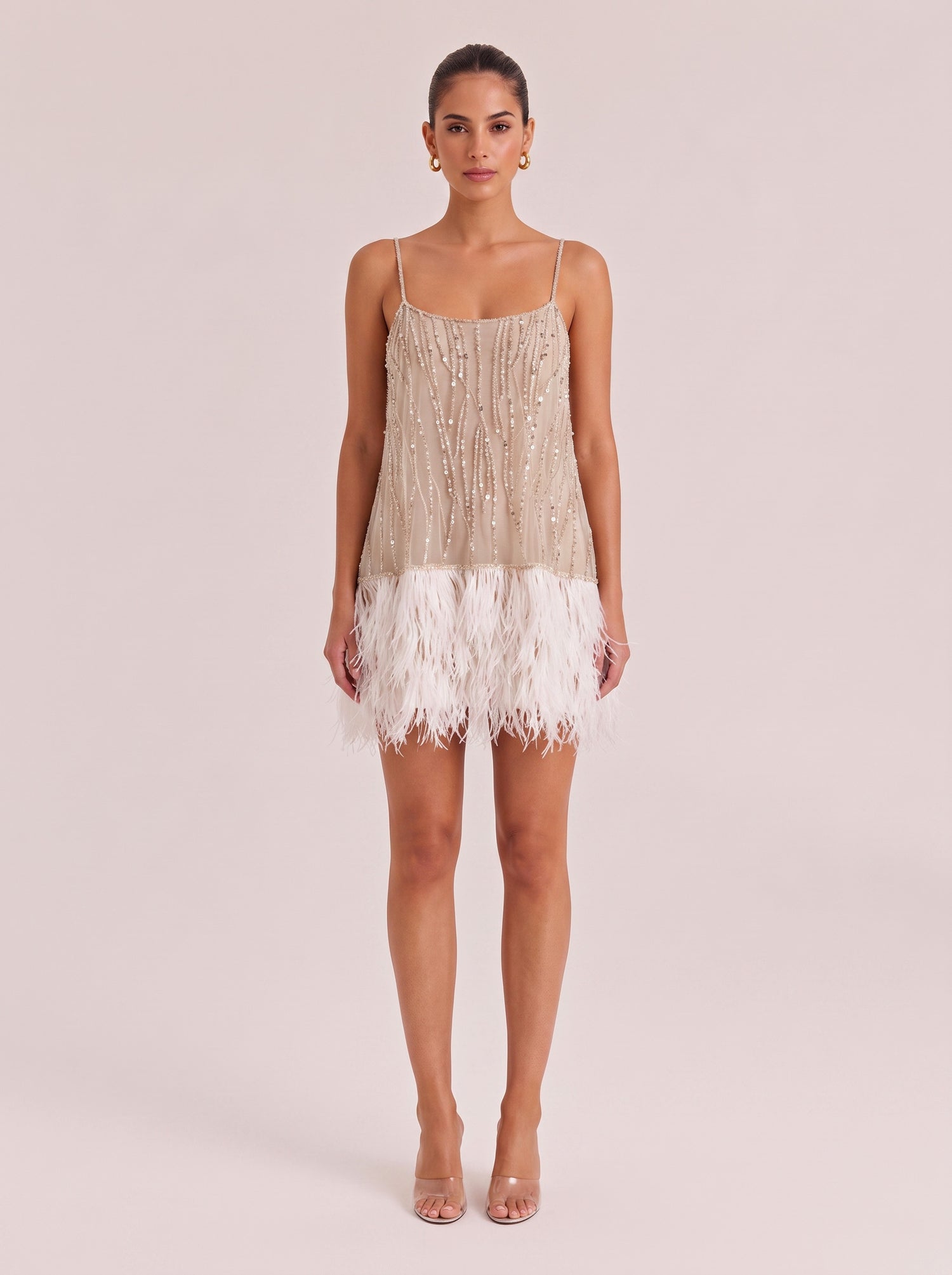 Fine Strap Beaded Mesh Feather Short Party Dress