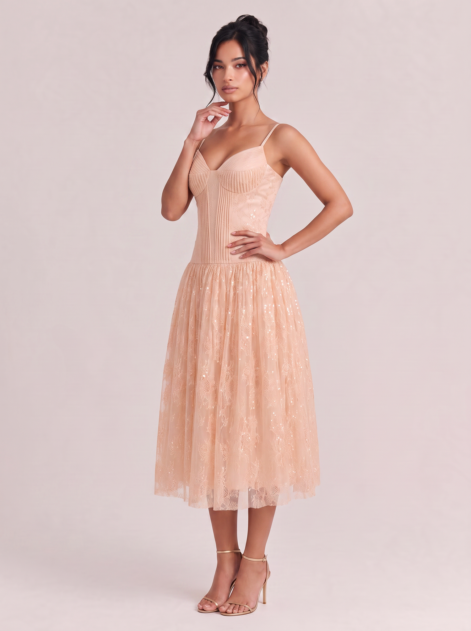 Elegant Champagne Pink Sequin Lace Spaghetti Strap Midi Dress