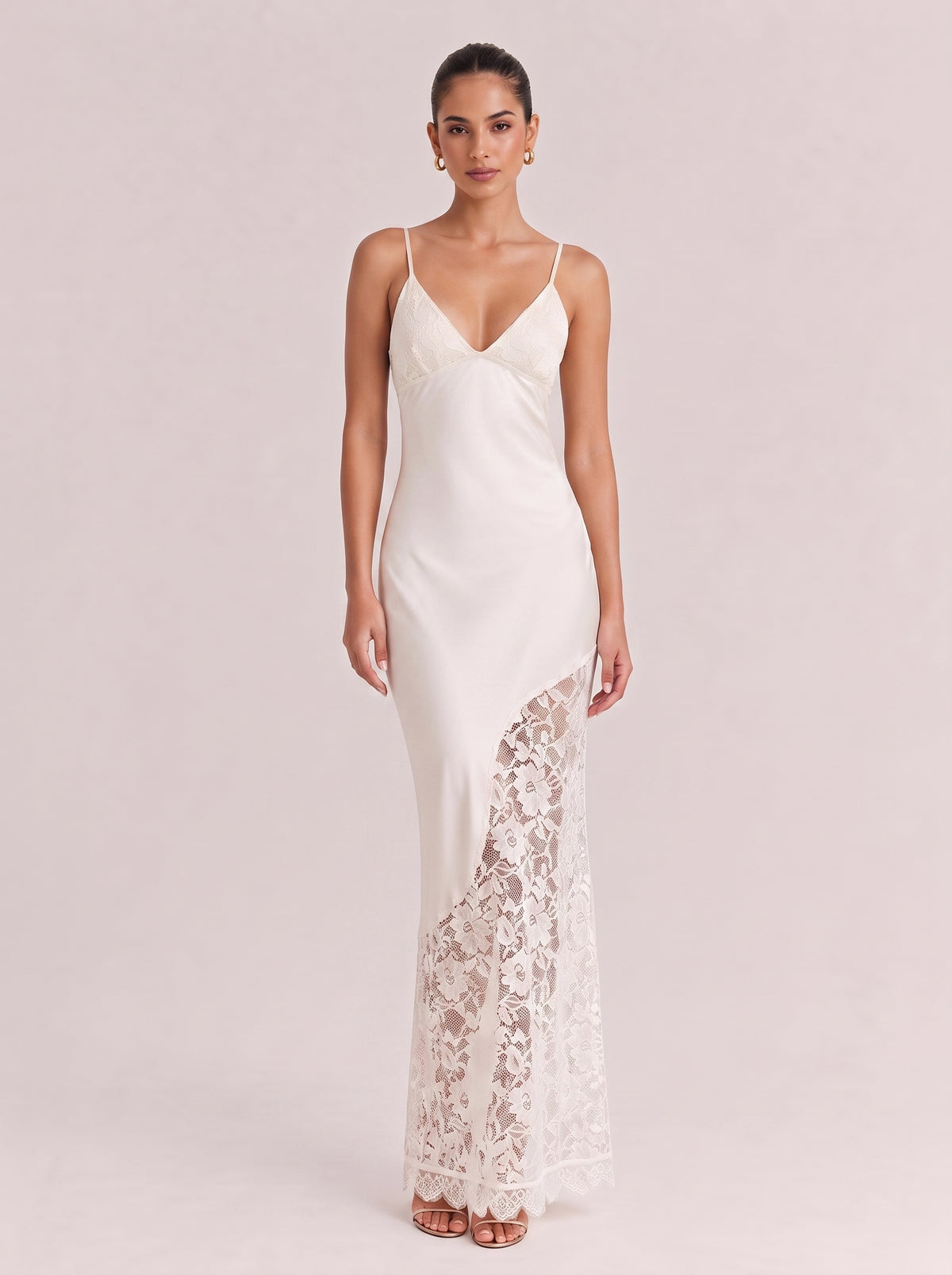 Deep V Thin Strap Satin Stitching Lace Split Long Dress