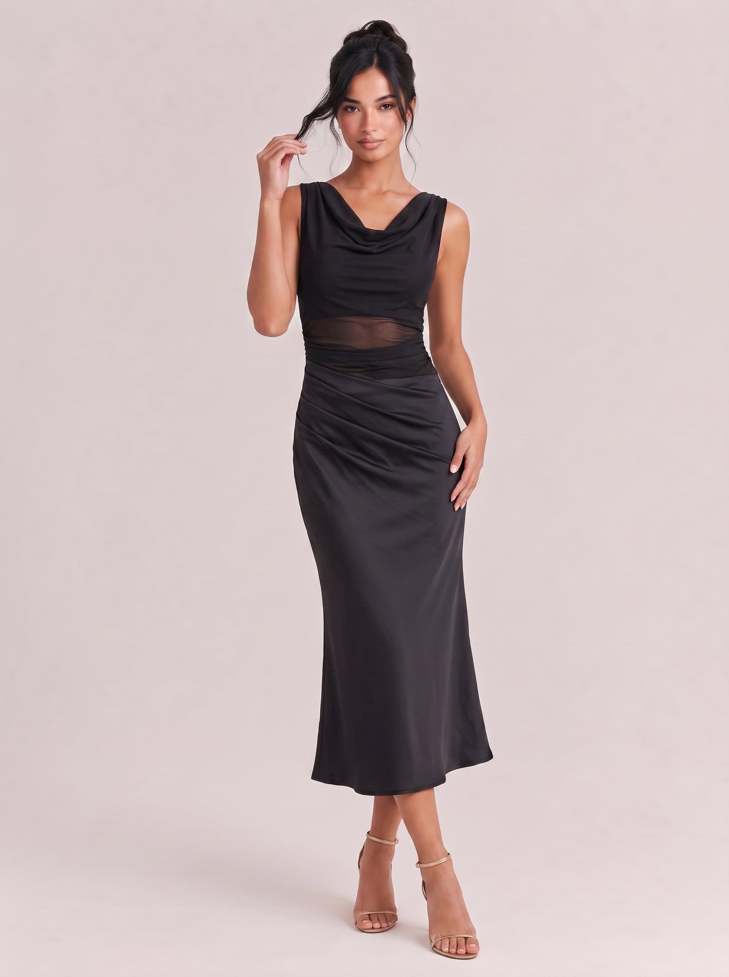Off-shoulder Waist Mesh Hollowed-out Pleated Slim-fit Slit Long Dress