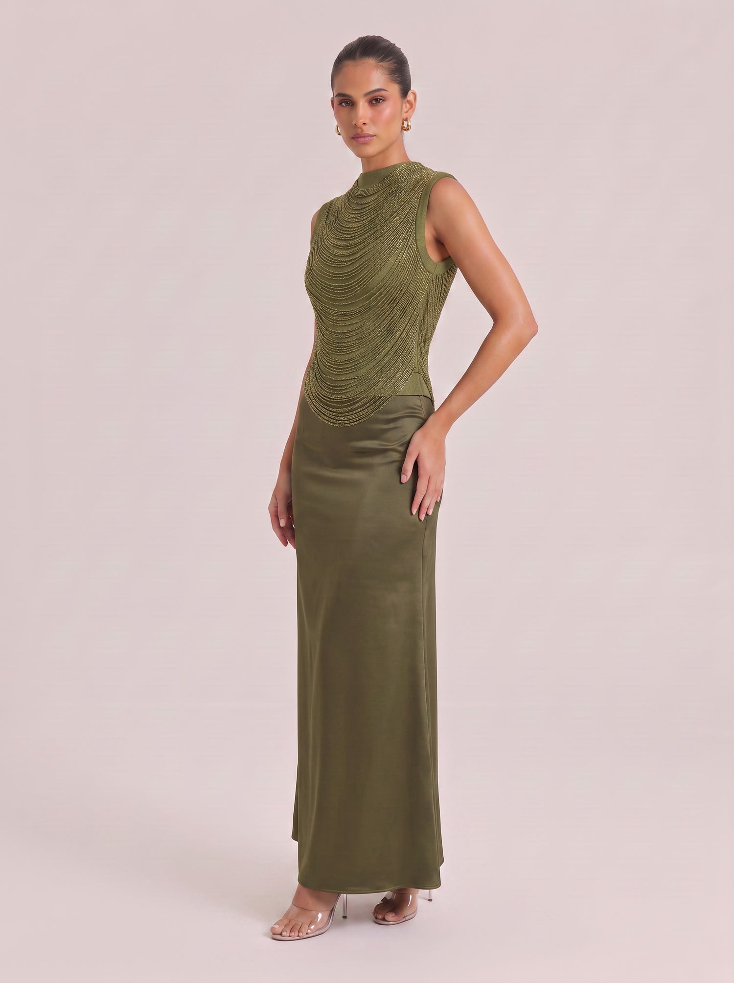 Refined Olive-green Sequined Fringed And Satin-stitched Fishtail Gown With Turtleneck