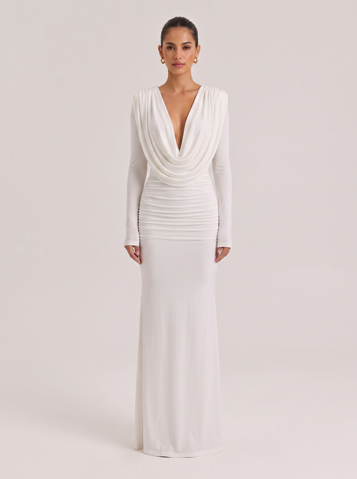 Swing Collar Deep V Long Sleeve Pleated Bag White Stretch Slim Fit Long Dress For Hip