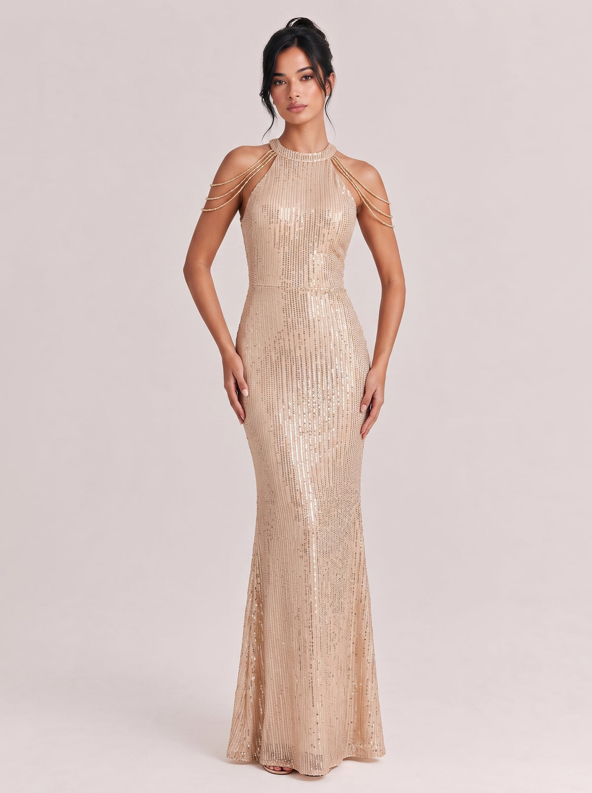Neck-Neck Tassel Shoulder Sequins Slim-Fit Fishtail Long Evening Gown