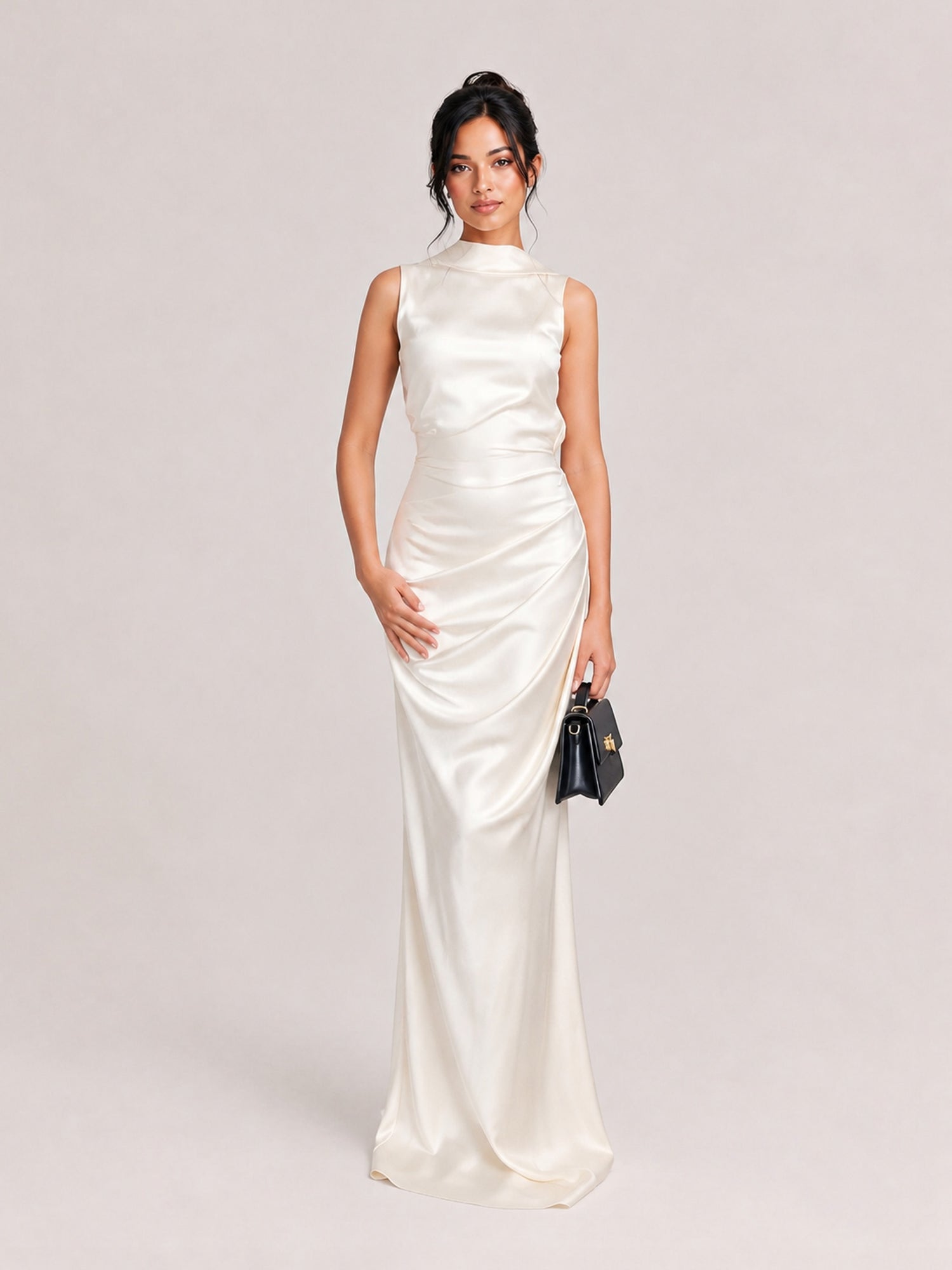 Matte Satin High-Neck Halter Backless Maxi Dress With Crisscross Straps