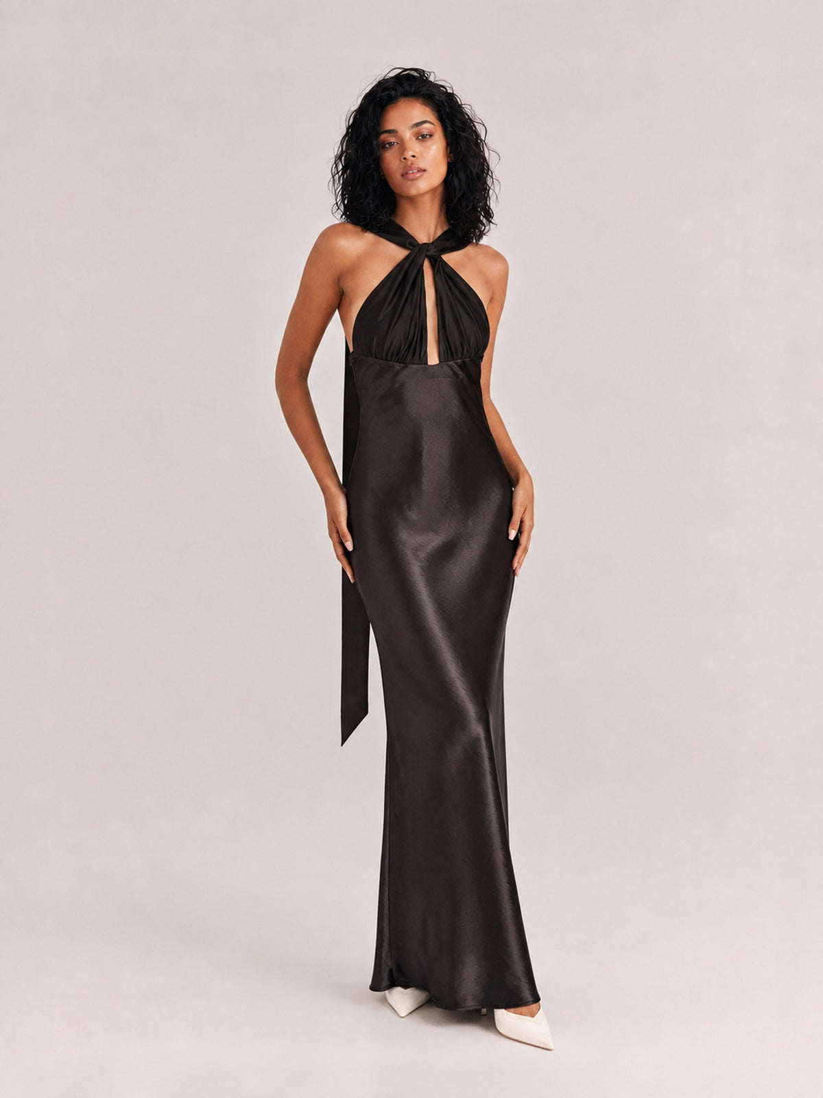 Lustrous Satin Halter Twist Neck Maxi Dress With Side Slit