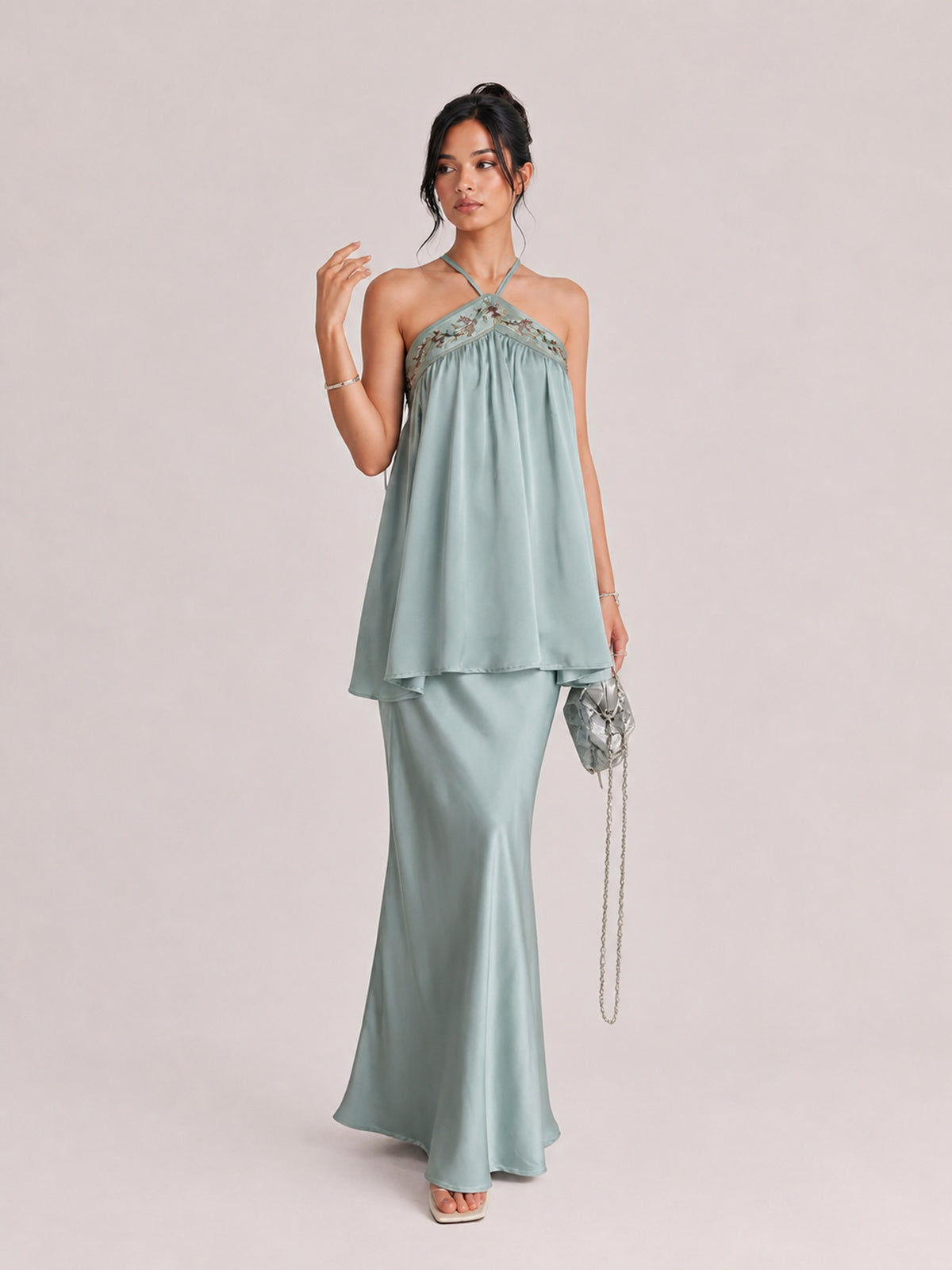 Elegant Satin Halter Neck Maxi Dress With Embellished Bodice