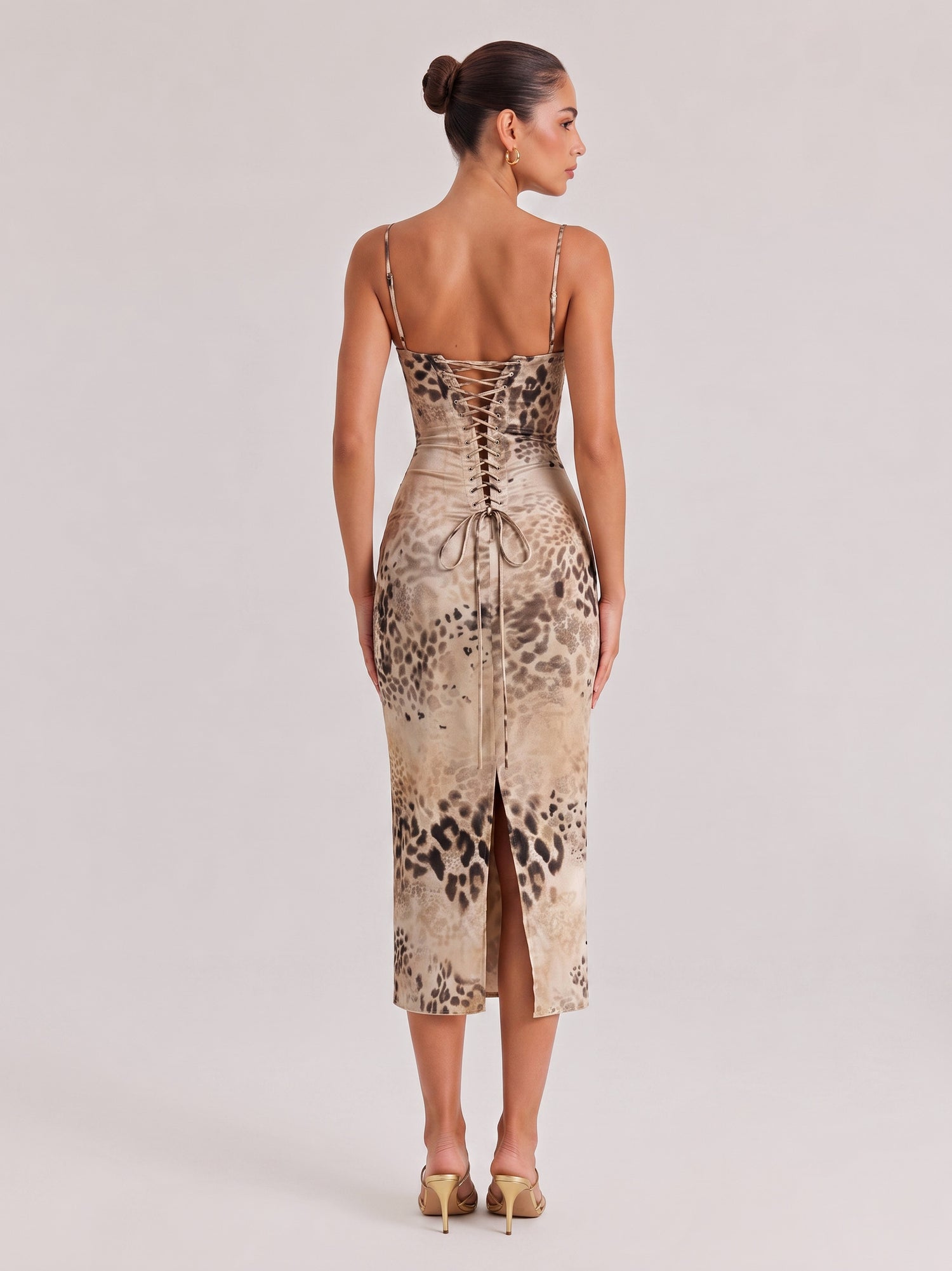 Vintage Leopard-Print Satin Fine Strap Steel Bra Tight-Waist Slim-Fit Mid-Length Dress