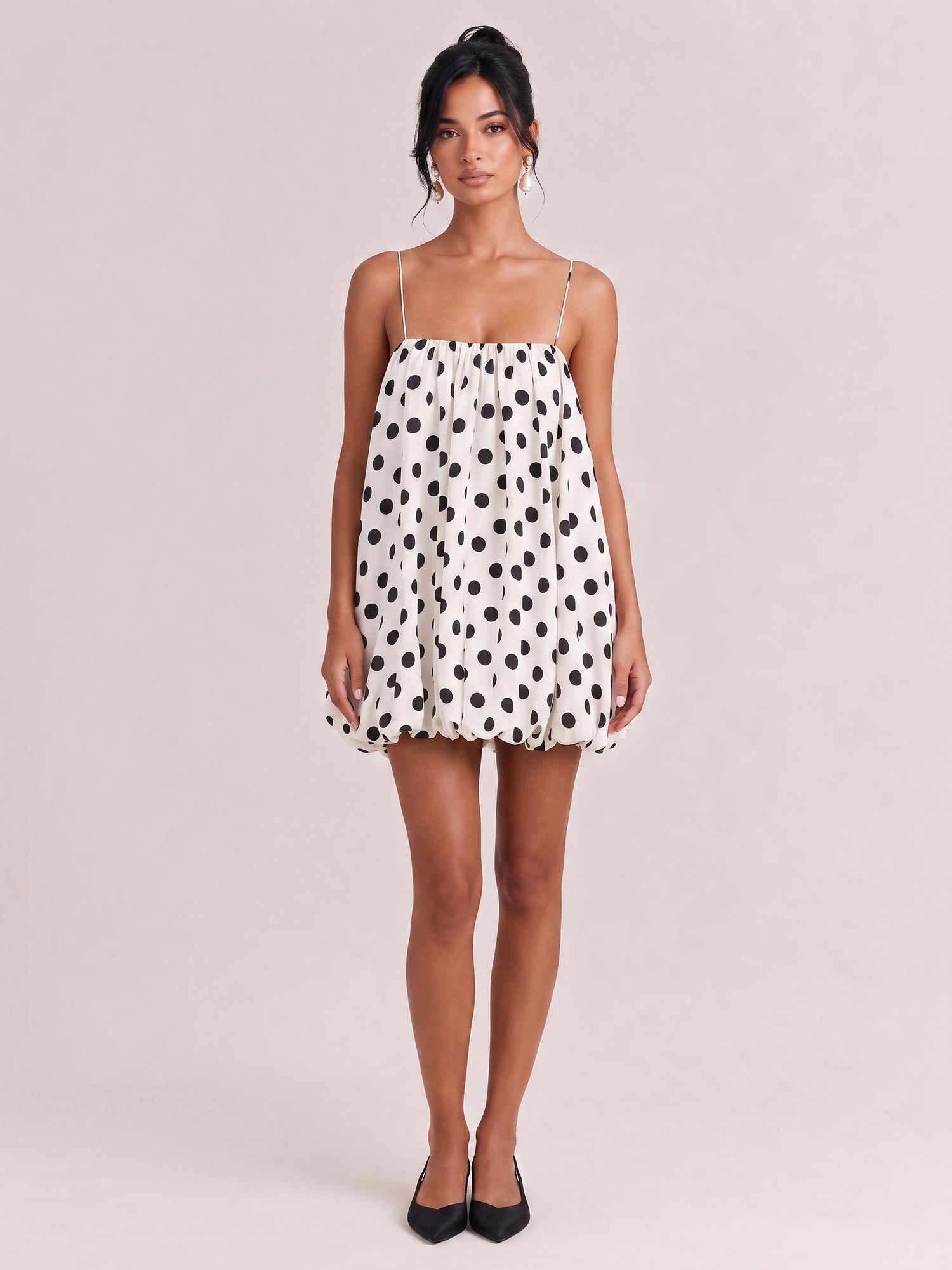 White Black Wave Dot Thin Strap Loose Bud Short Dress