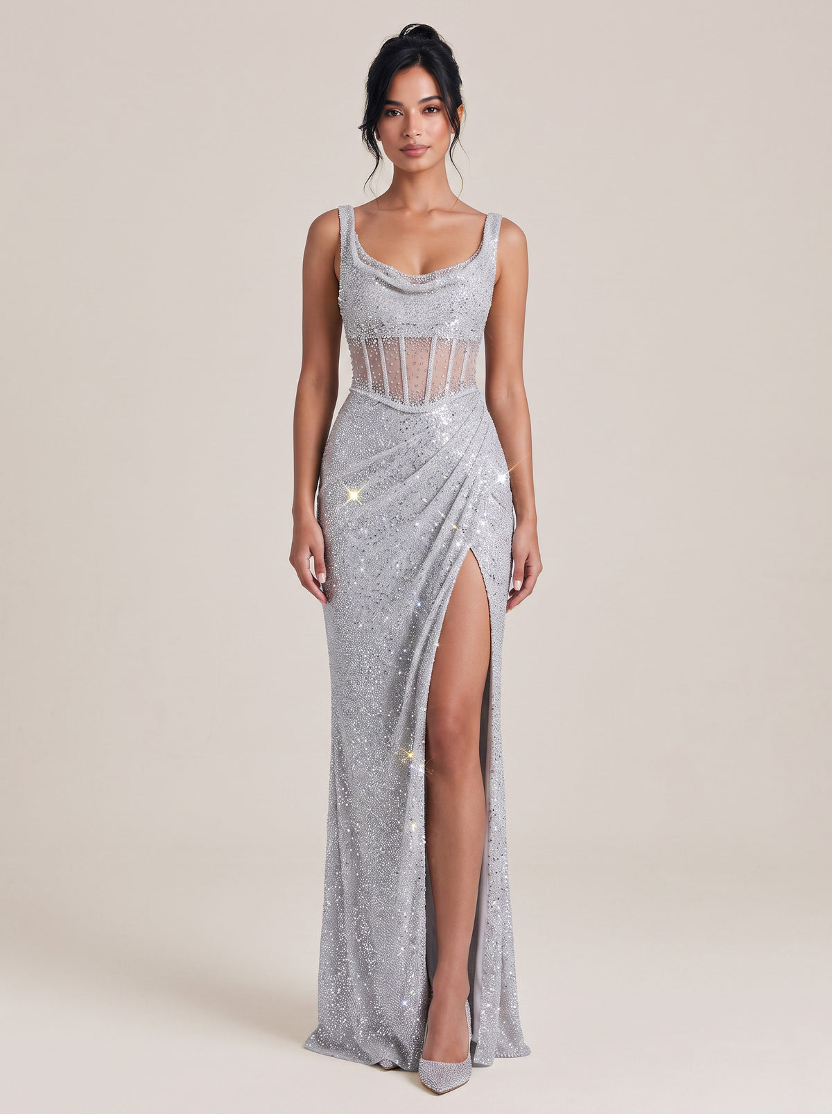 Silver Fine Strap Full Diamond Perspective Fishbone Waist High Split Fishtail Evening Dress