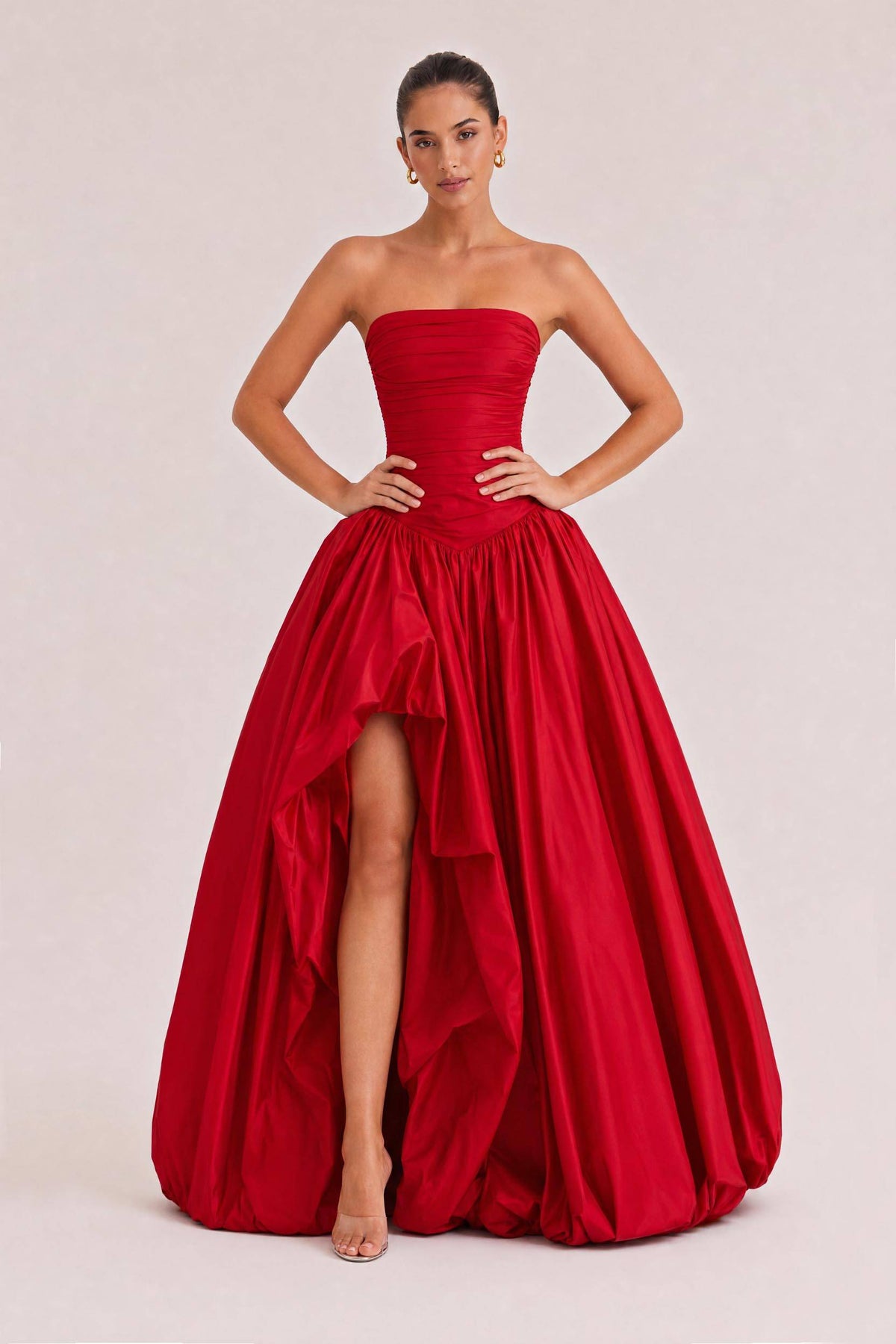 Elegant Strapless Ruched High-Slit Ball Gown Maxi Dress
