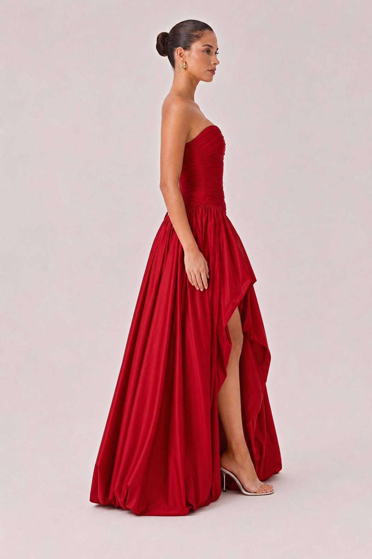 Elegant Strapless Ruched High-Slit Ball Gown Maxi Dress
