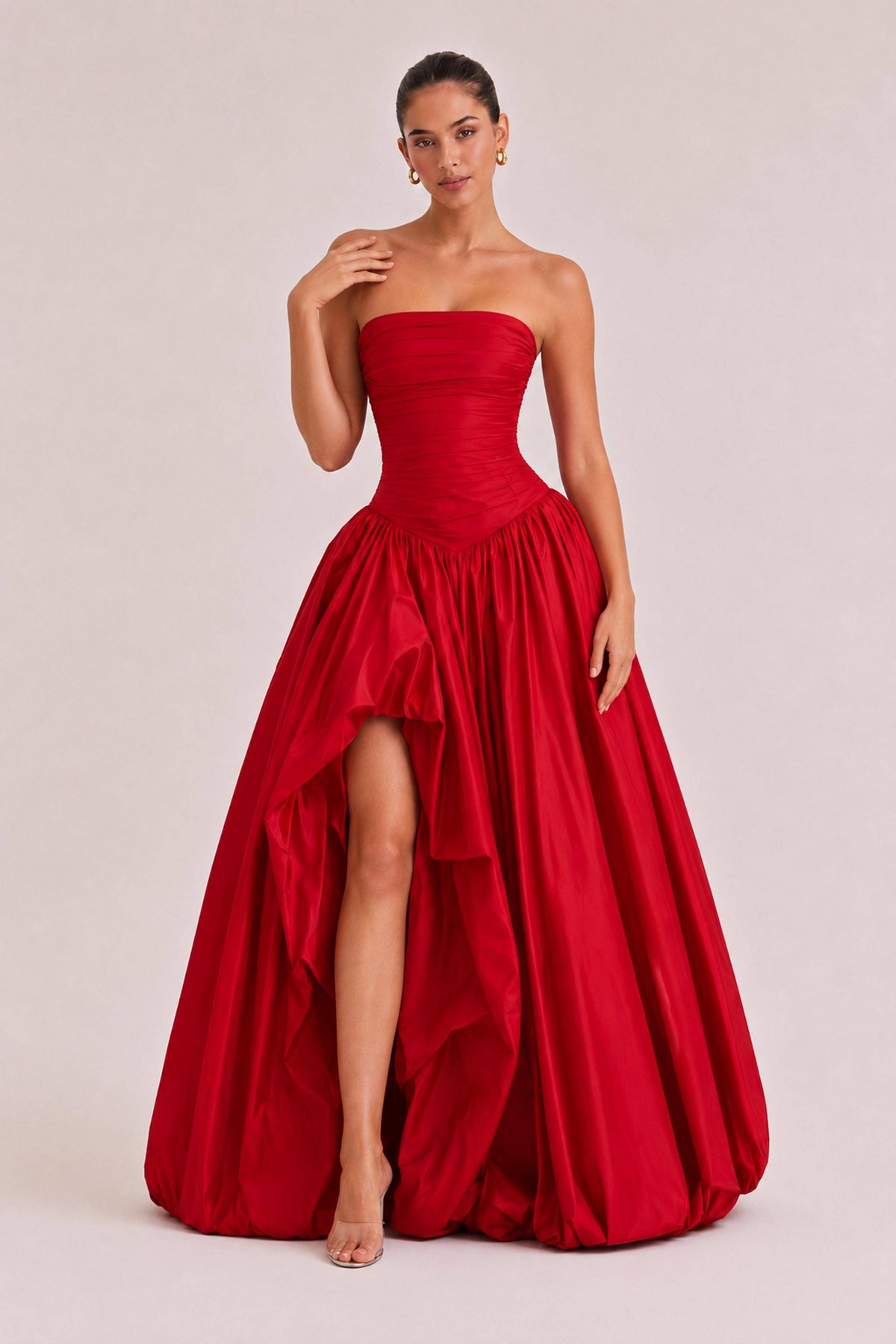 Elegant Strapless Ruched High-Slit Ball Gown Maxi Dress