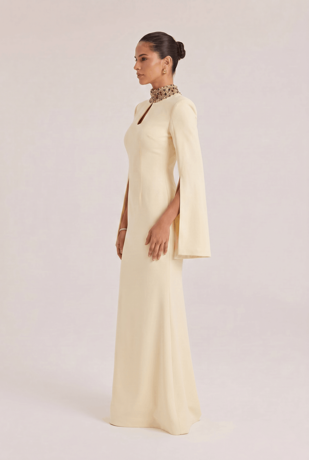 Vertical Collar Beaded And Diamond Split Dress