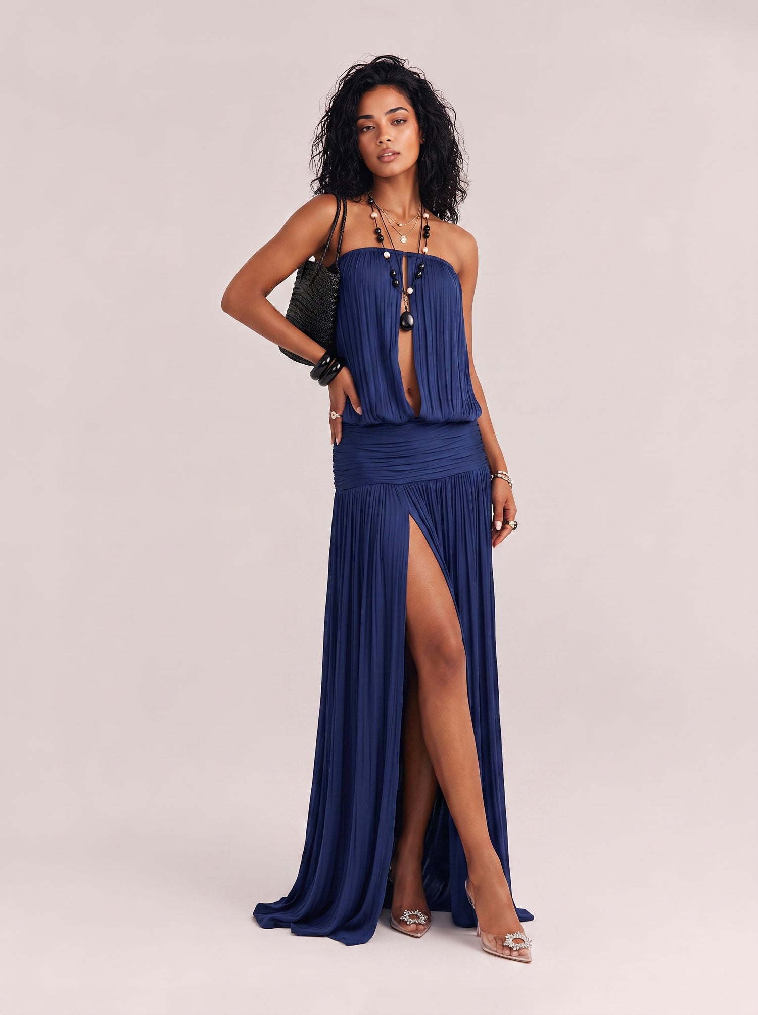 Seaside Hidden Blue Strapless Dress Summer Ribbon Split Holiday Stitching Long Dress