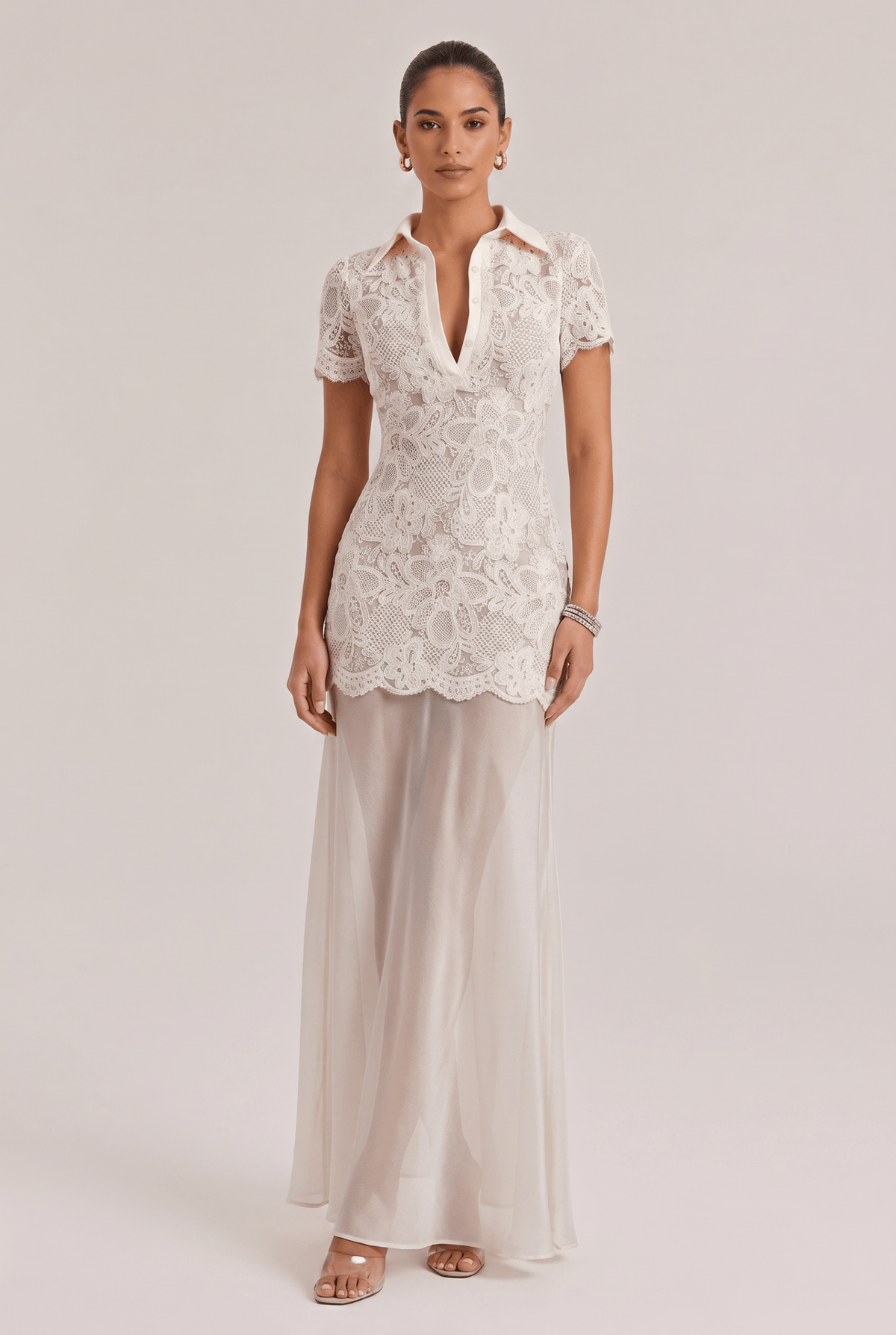 Elegant Fit Button Short Sleeve Lace Top And Satin Skirt