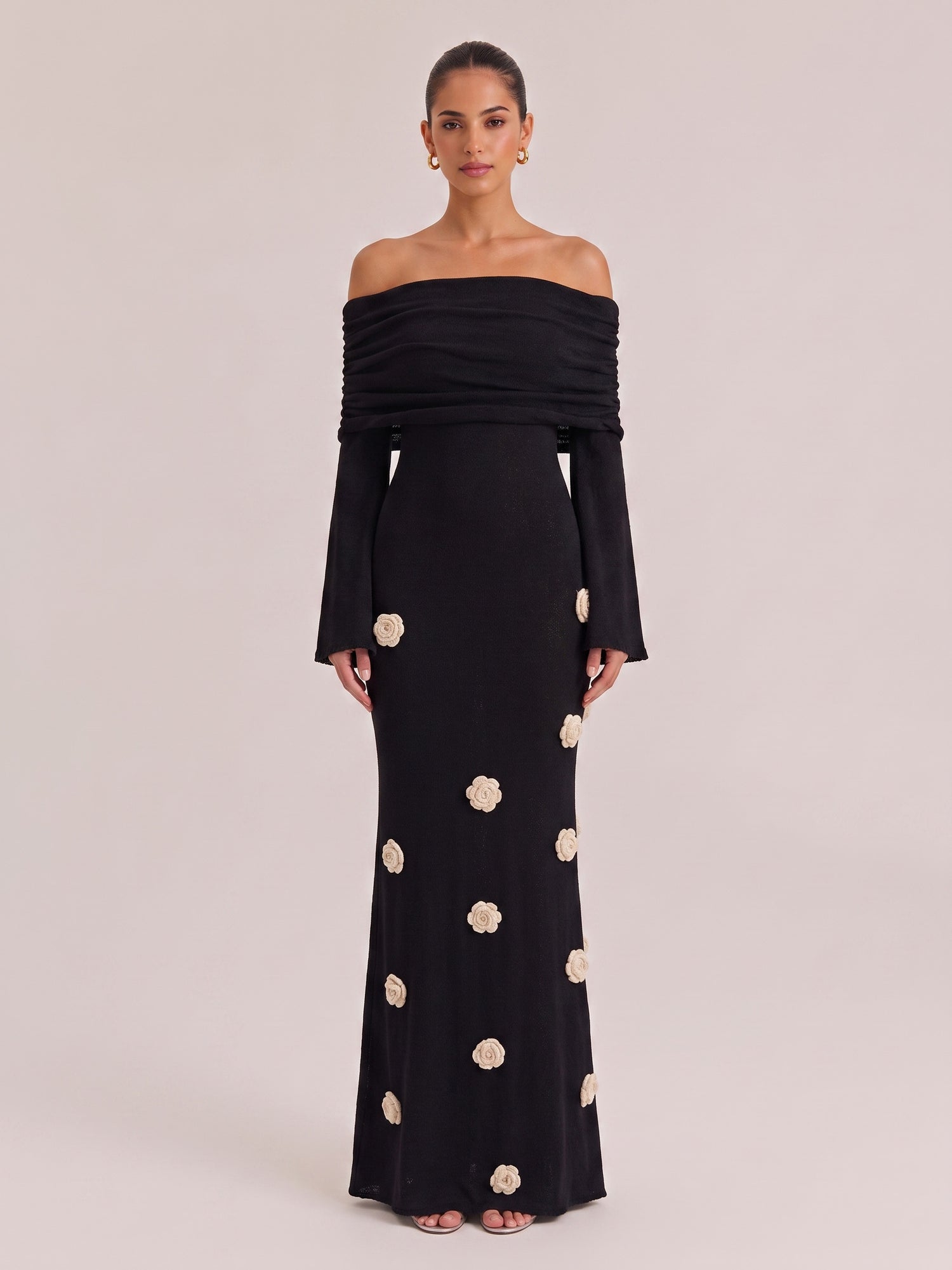 Black Off-shoulder Pleated Long Sleeve Three-dimensional White Flower Slim Fishtail Long Dress