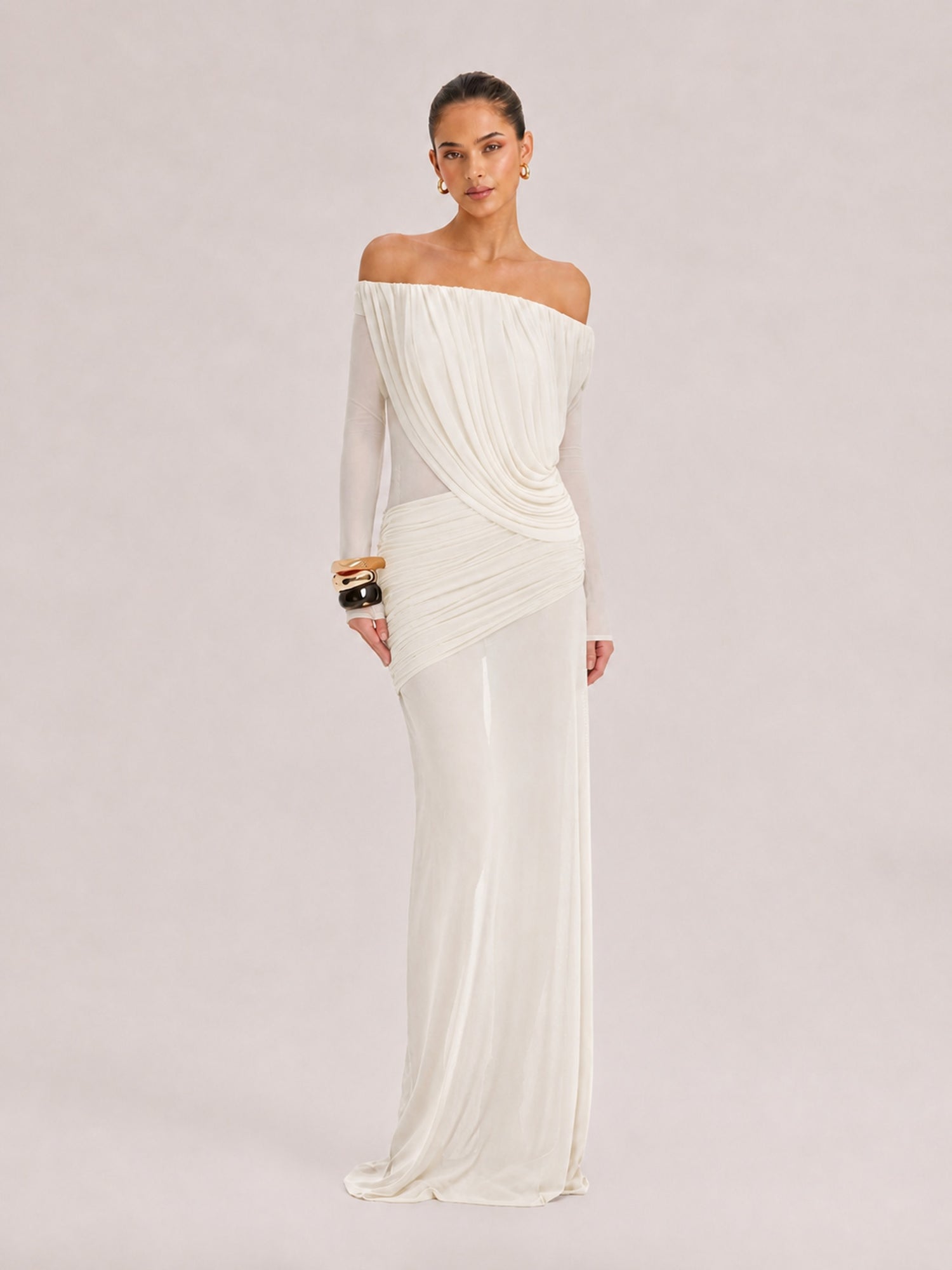 French Vintage Pleated Mesh One-Shoulder Dress