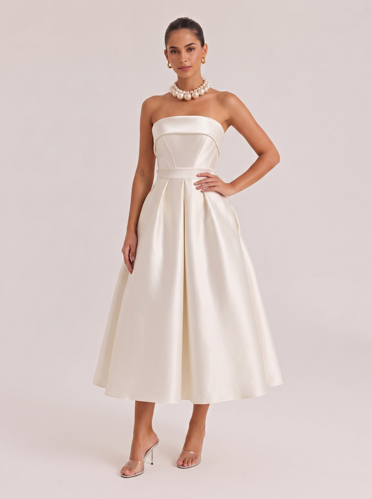 Strapless Fishbone Waisted Satin Mid-Length A- Line Dress