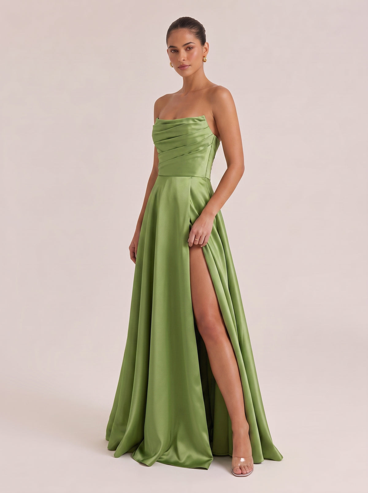 Strapless Pleated High-Waist Split Satin Long Evening Gown