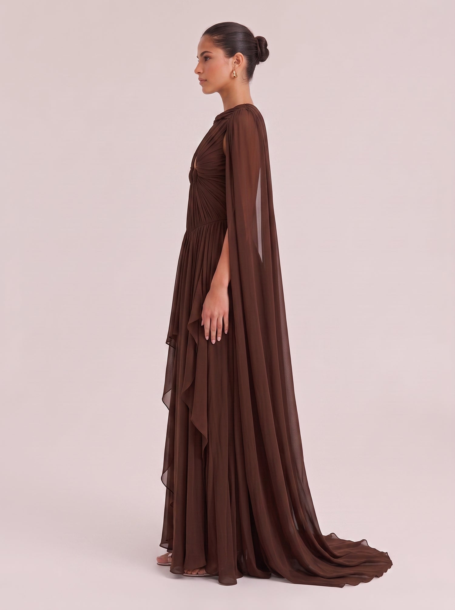 Dark Brown Hollow-out Twisted Pleated Cape Draped Chiffon Long Dress