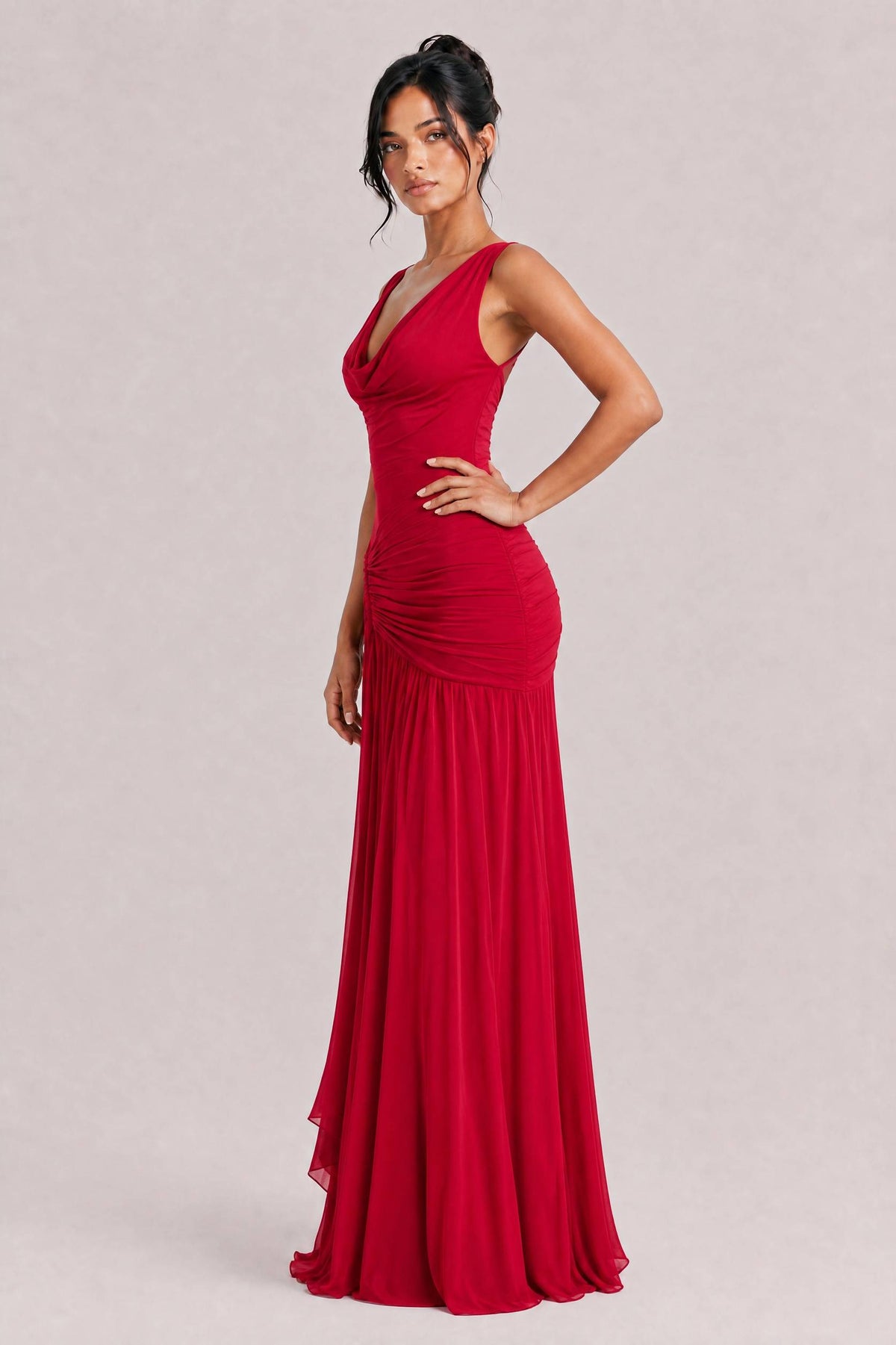 Sexy Cowl Neck Ruched Maxi Dress