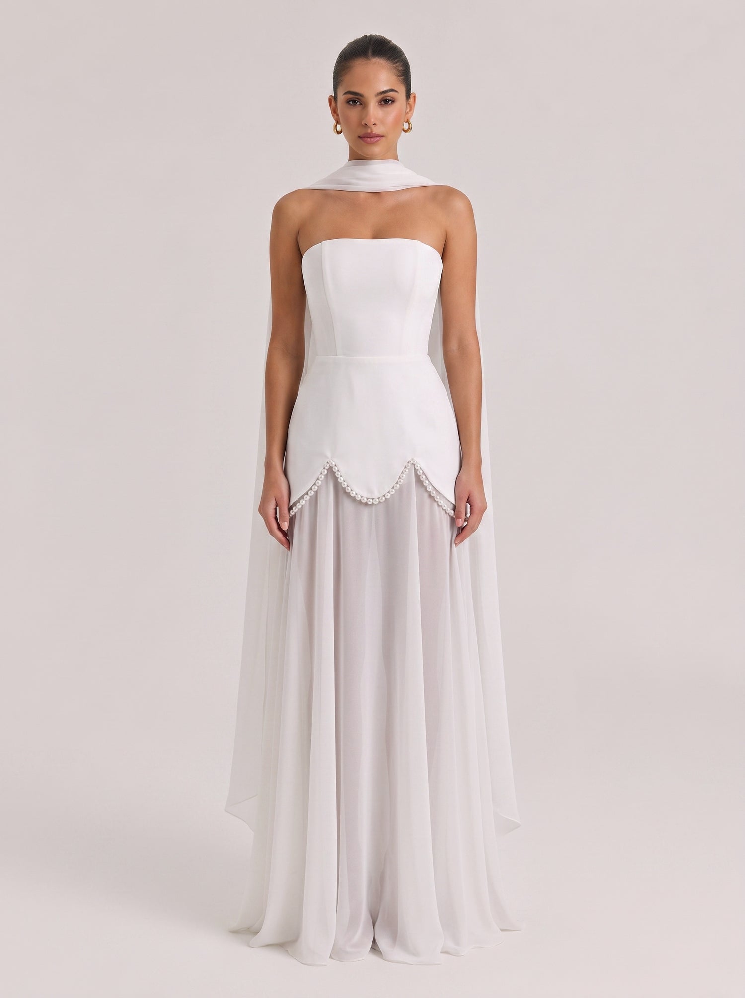 Strapless Shoulder Satin Pearl Stitching Chiffon Long Light Wedding Dress