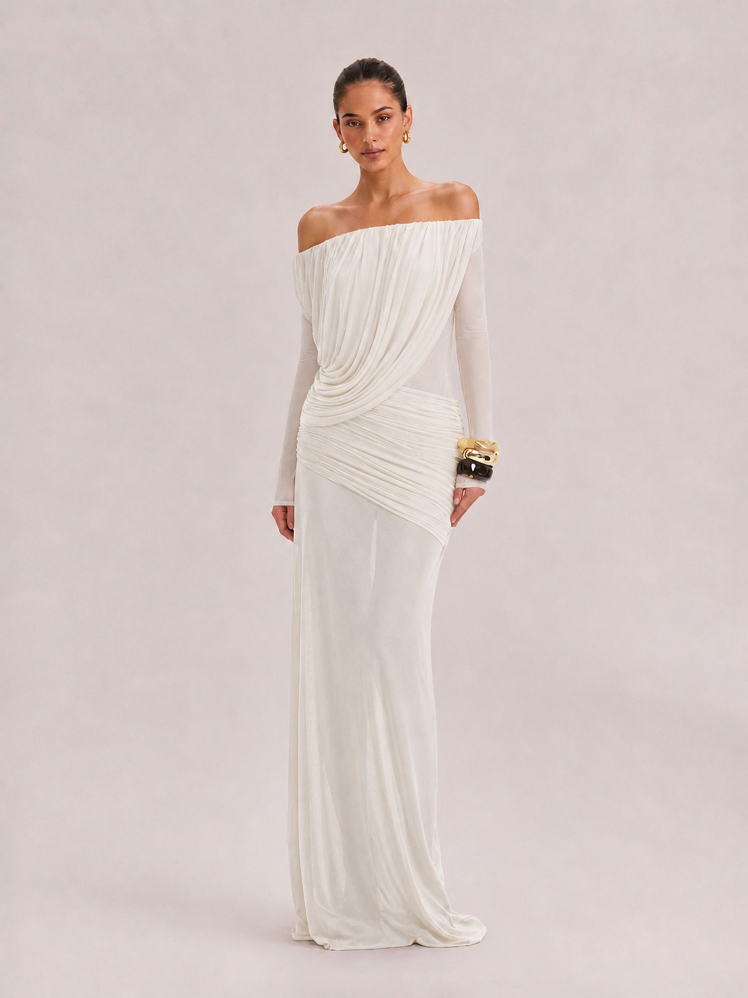 French Vintage Pleated Mesh One-Shoulder Dress