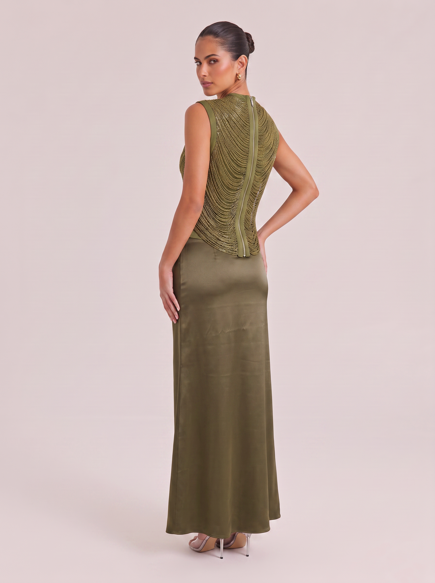 Refined Olive-green Sequined Fringed And Satin-stitched Fishtail Gown With Turtleneck