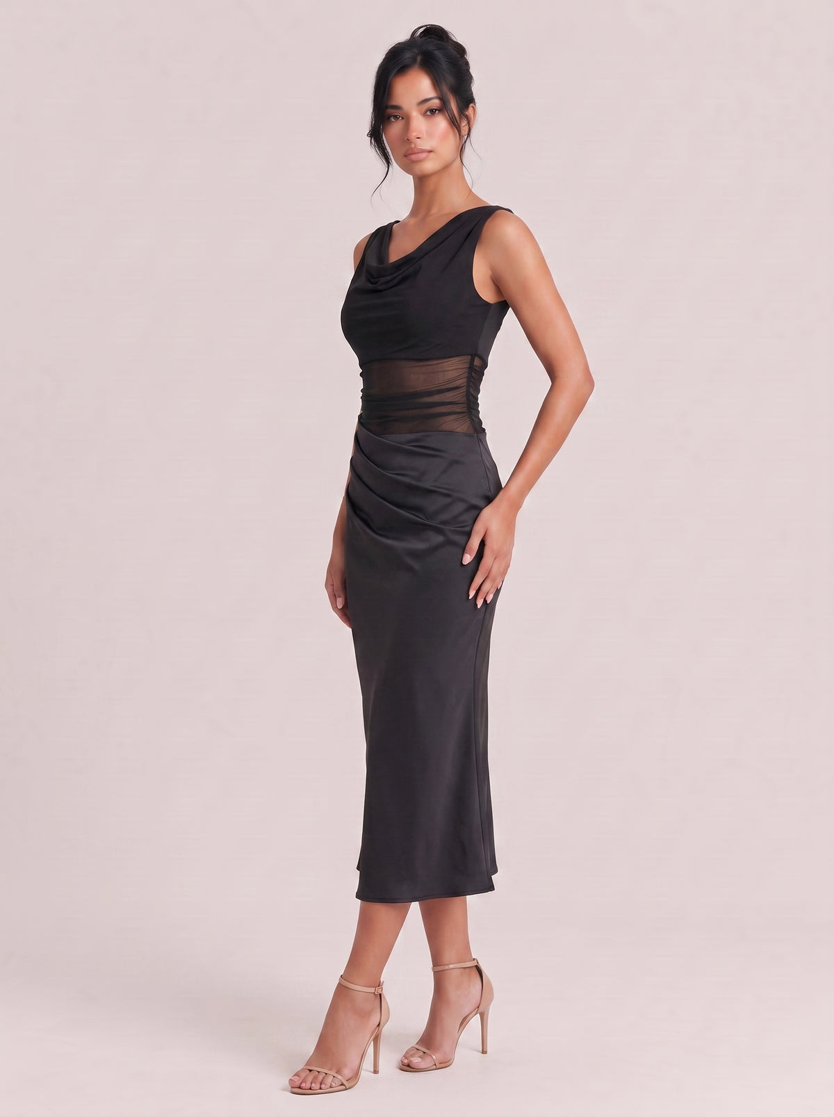 Off-shoulder Waist Mesh Hollowed-out Pleated Slim-fit Slit Long Dress