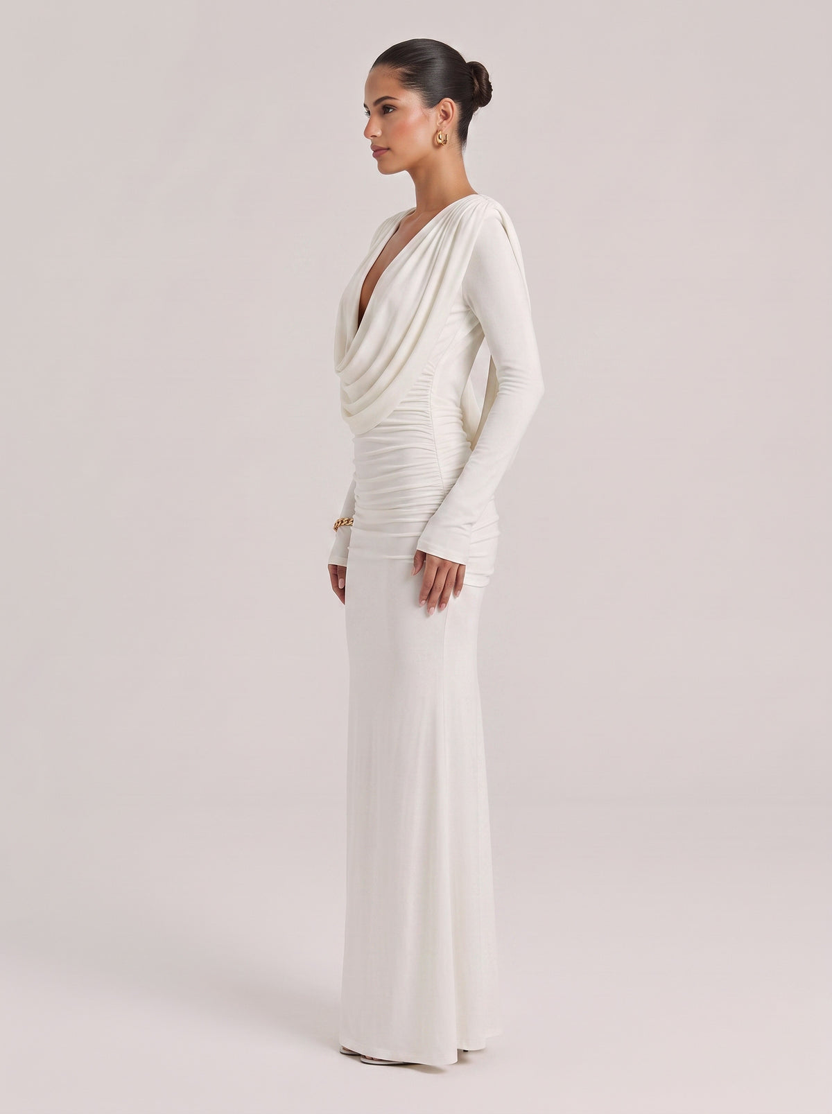 Swing Collar Deep V Long Sleeve Pleated Bag White Stretch Slim Fit Long Dress For Hip
