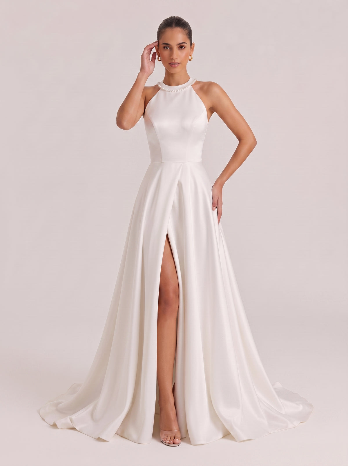 Hanged High Neck Kink Split Satin Trailing Wedding Dress