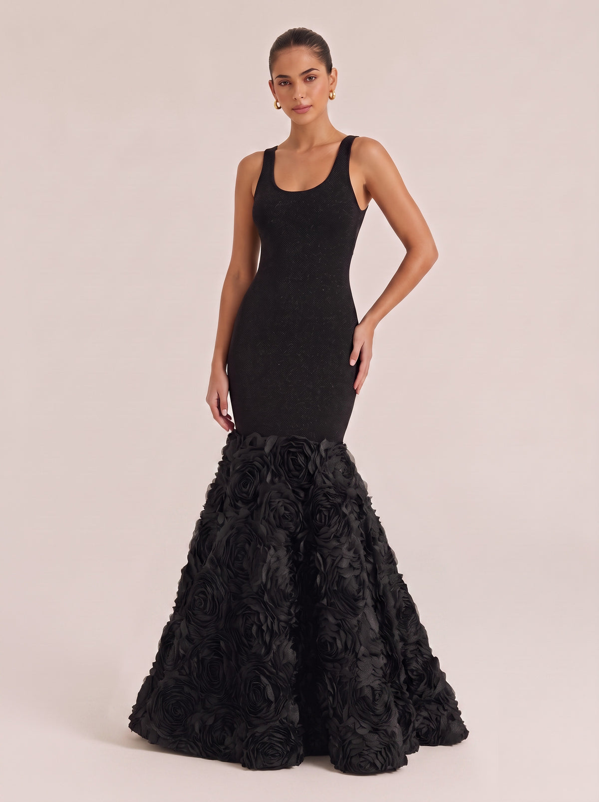 Black Square Collar Sleeveless Slim-Fit Three-Dimensional Flower Fishtail Long Evening Gown