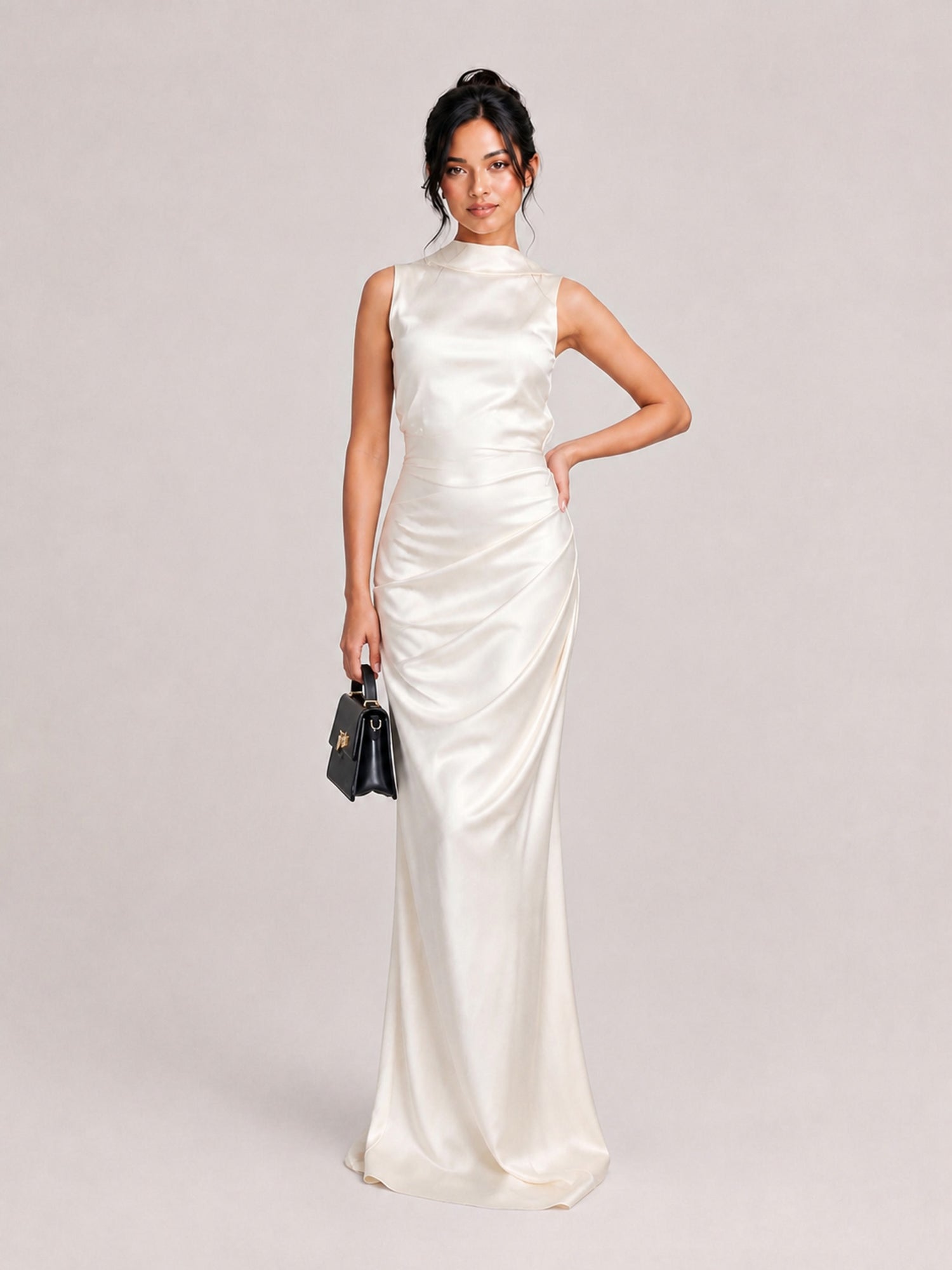 Matte Satin High-Neck Halter Backless Maxi Dress With Crisscross Straps