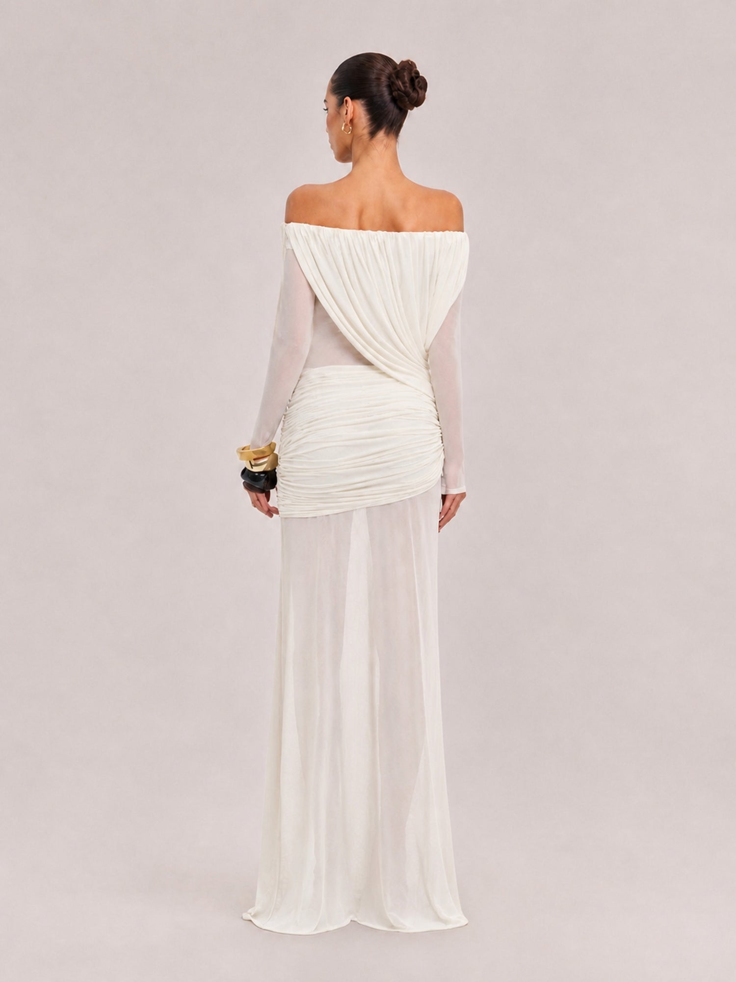 French Vintage Pleated Mesh One-Shoulder Dress