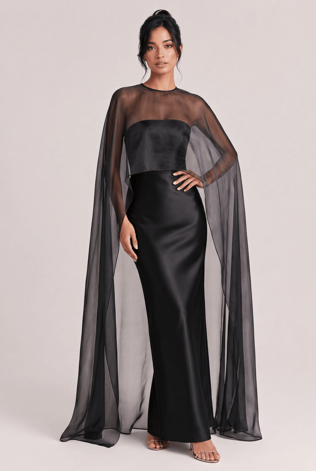Elegant Sheer Cape Overlay Satin Maxi Dress
