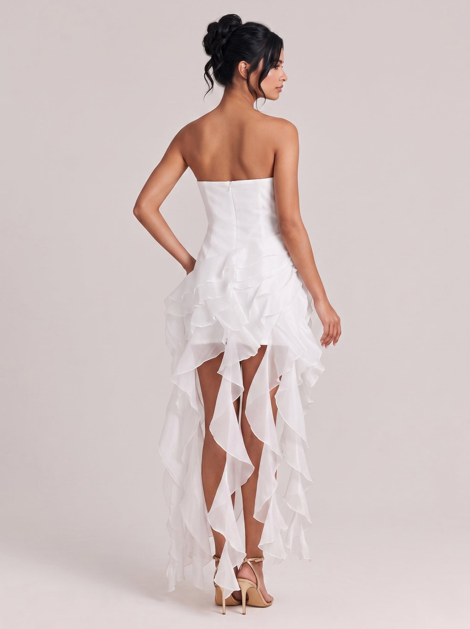 Elegant White Strapless Ruffled High-Low Gown With Crystal Trim