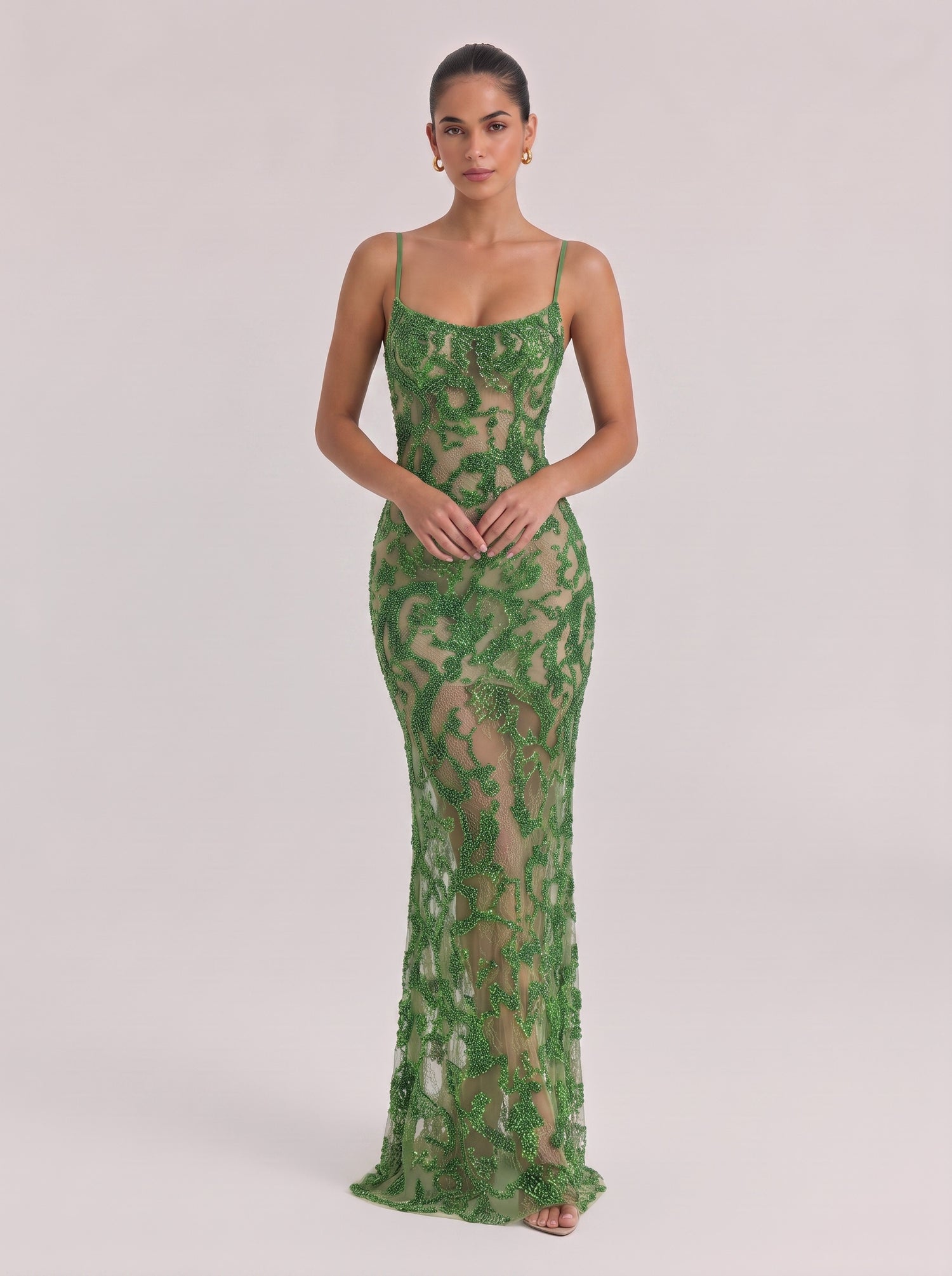 Thin Shoulder Strap Green Sequin See-Through Lace Slim Fishtail Holiday Dress