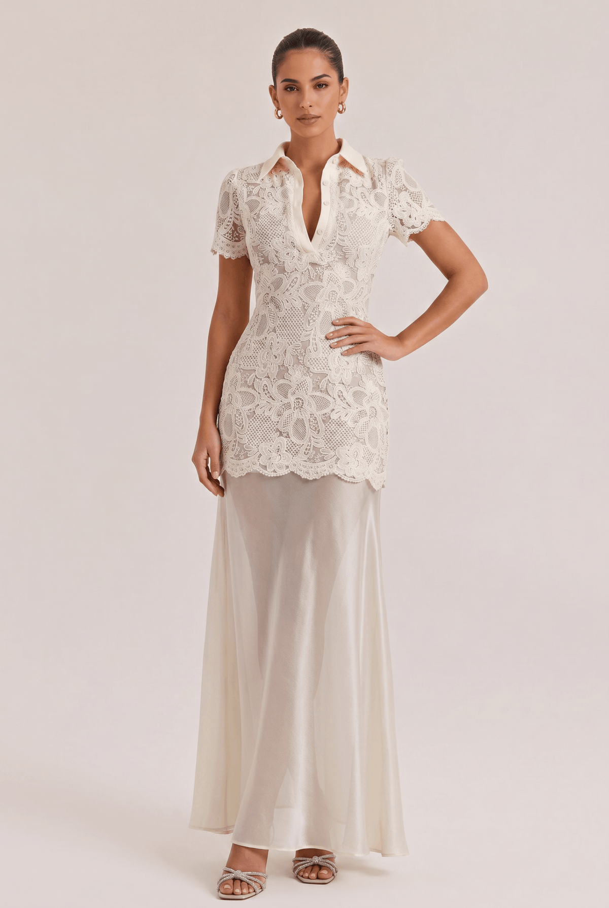 Elegant Fit Button Short Sleeve Lace Top And Satin Skirt