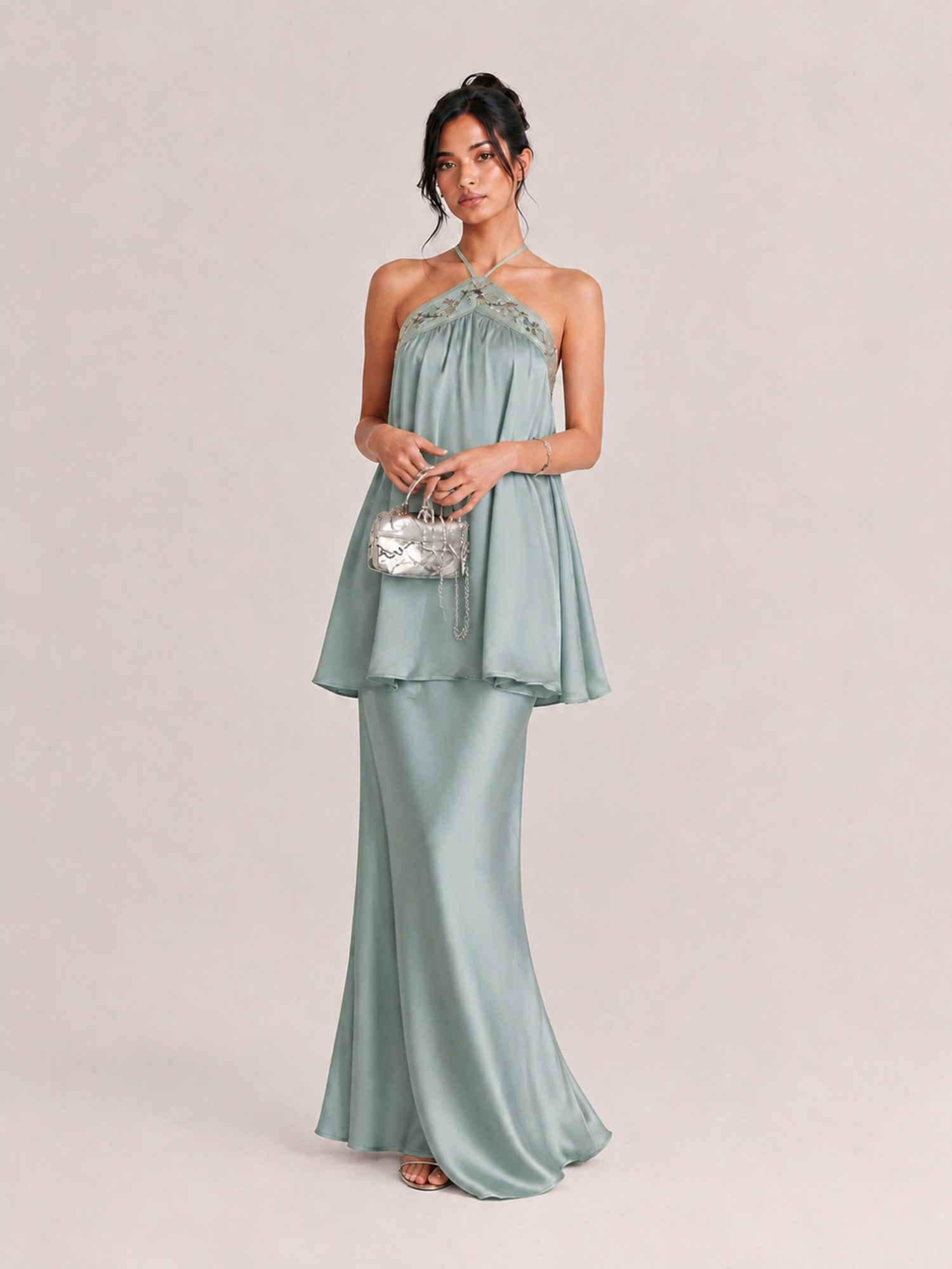 Elegant Satin Halter Neck Maxi Dress With Embellished Bodice