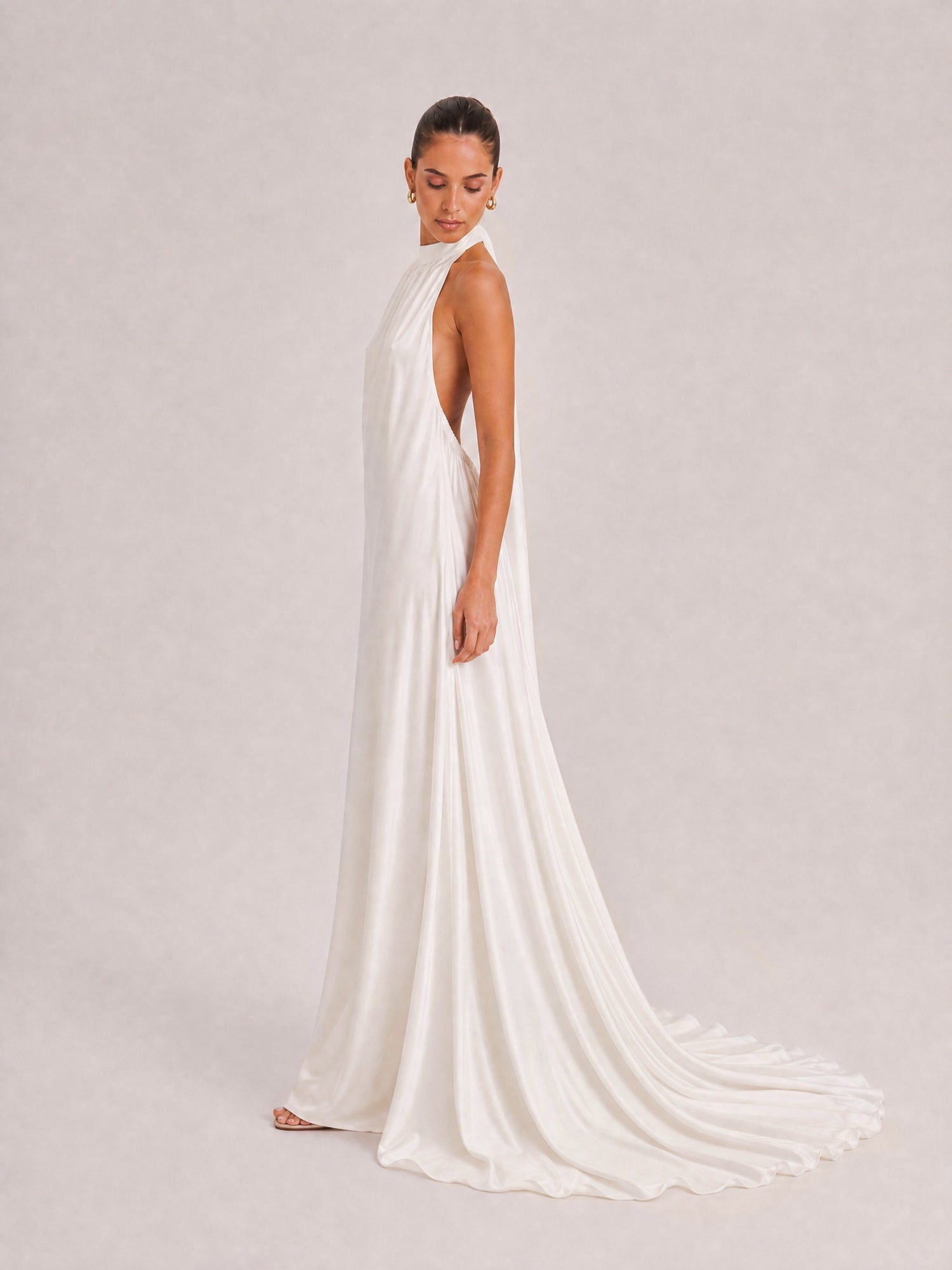 Minimalist Silk-Feel Halter Neck Backless Maxi Dress With Draped Train