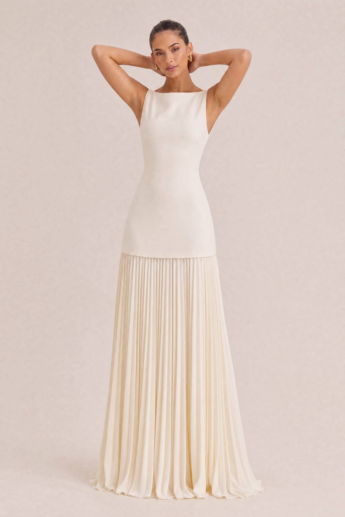 Elegant Pleated Classic Boat Neck Pleated Maxi Dress